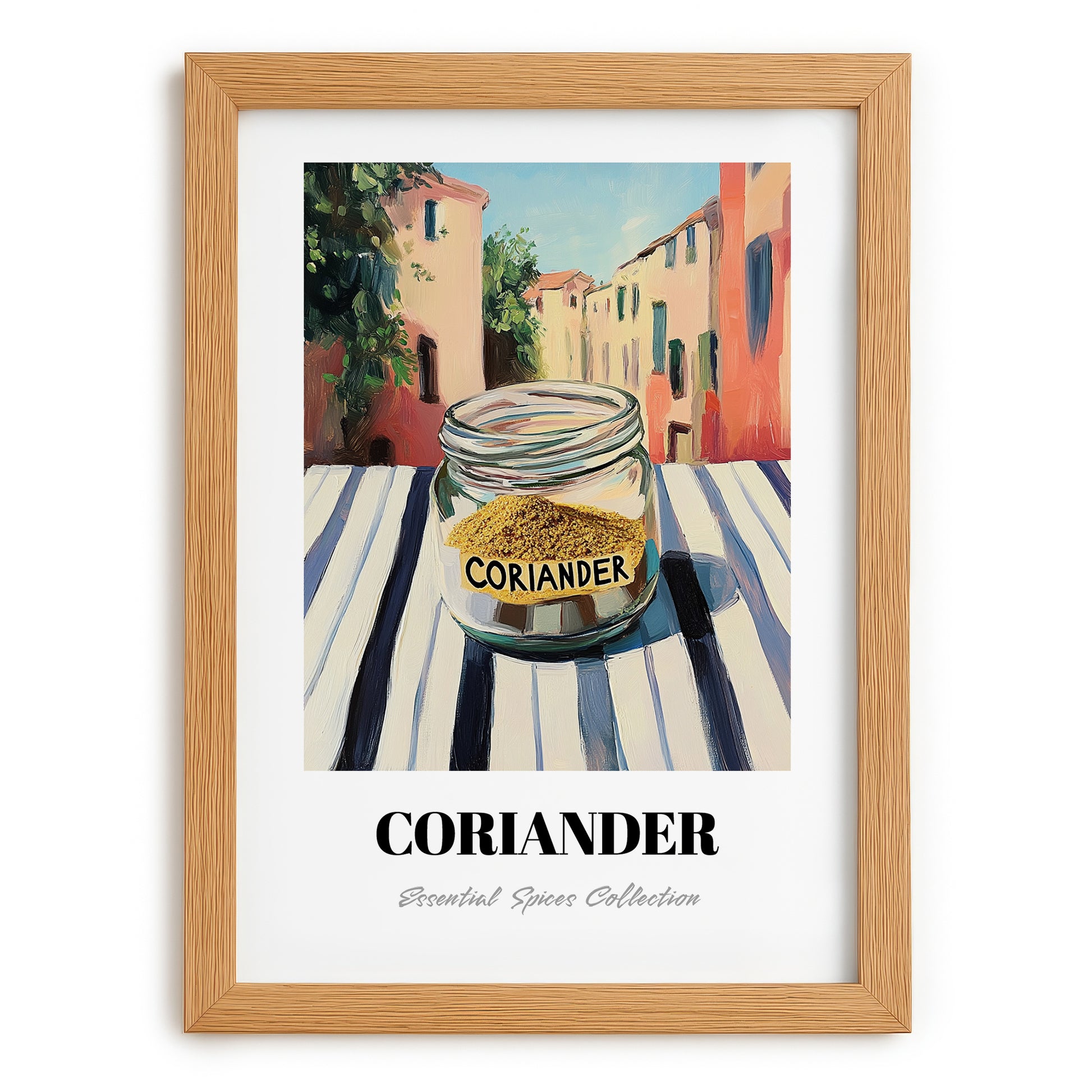Coriander – Italian Urban Café Scene, Spices Wall Print, set in oak frame
