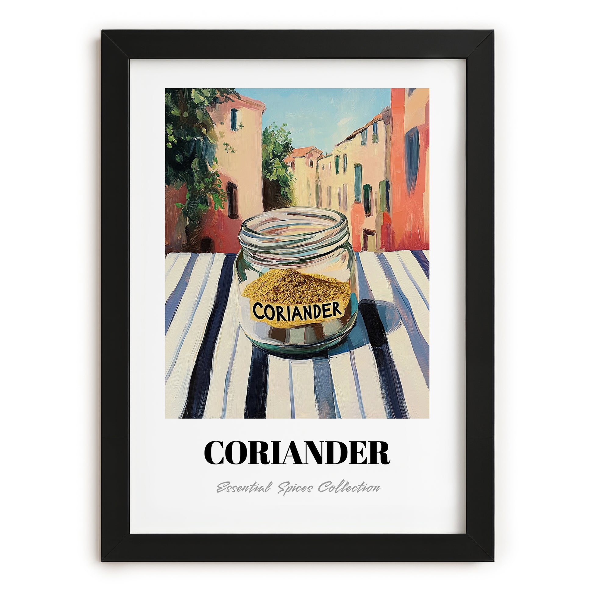 Coriander – Italian Urban Café Scene, Spices Wall Print, in sleek black frame