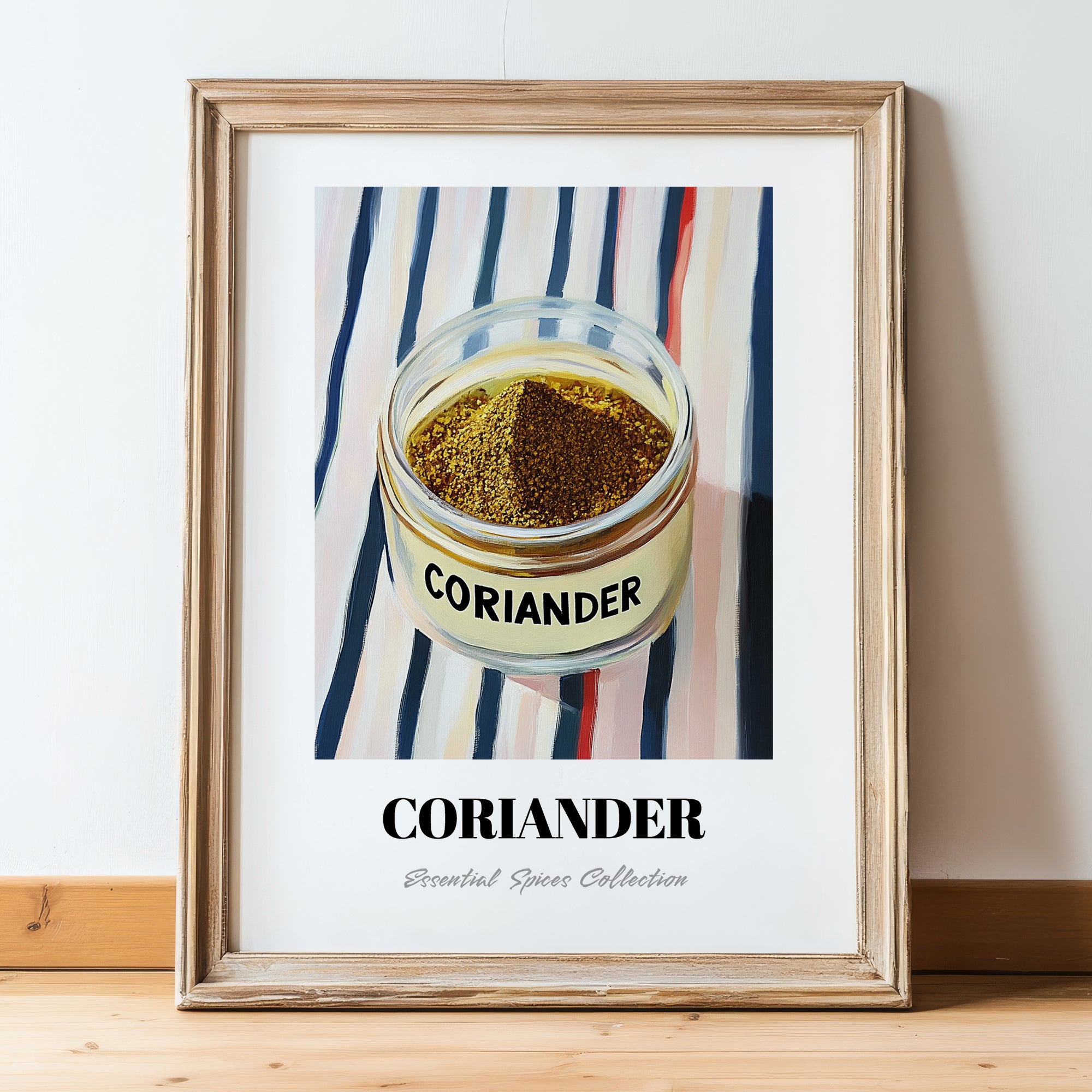 Coriander – on Striped Tablecloth, Spices Poster, in wooden frame leaning on the floor