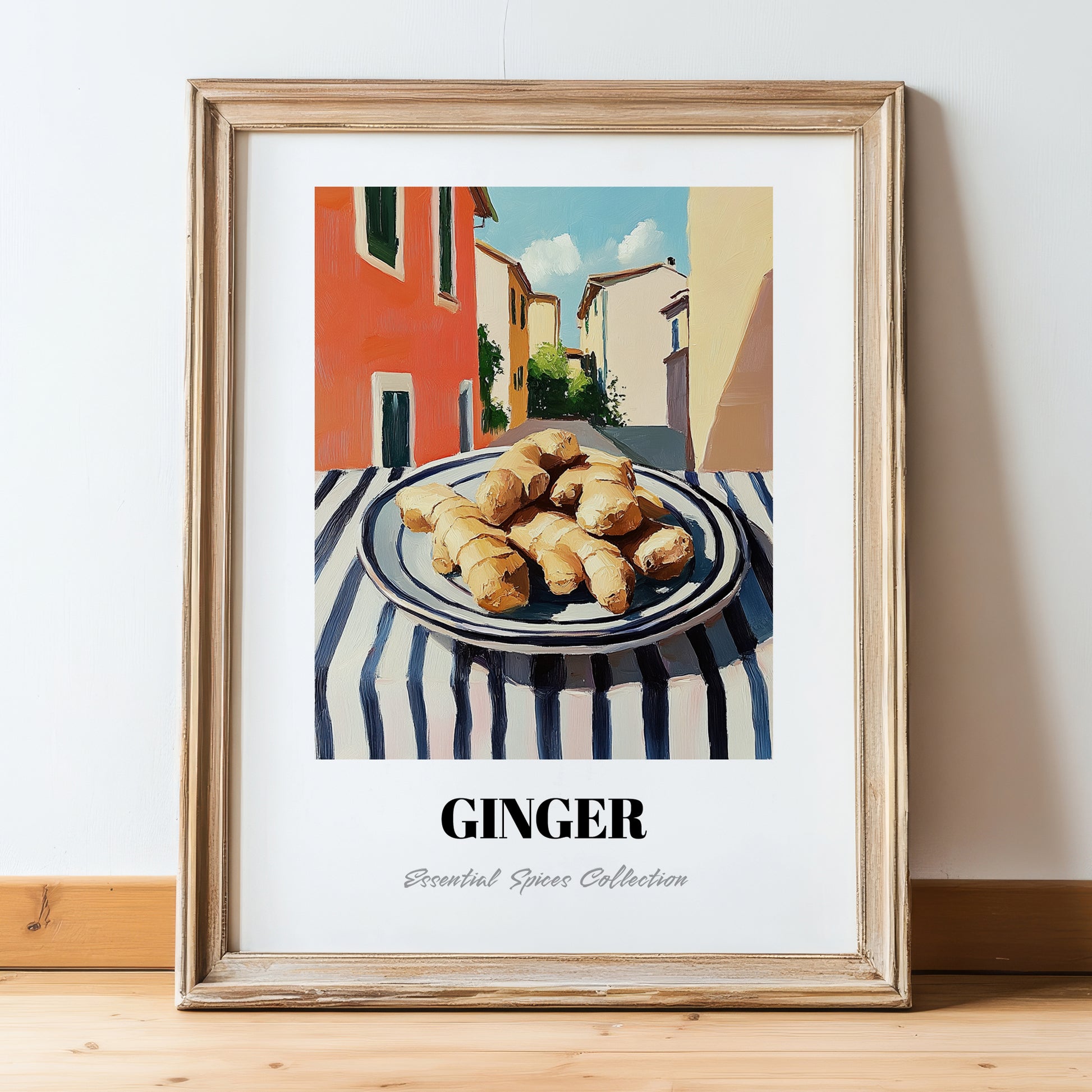 Ginger – Italian Café on the Corner, Spices Painting, in wooden frame leaning on the floor