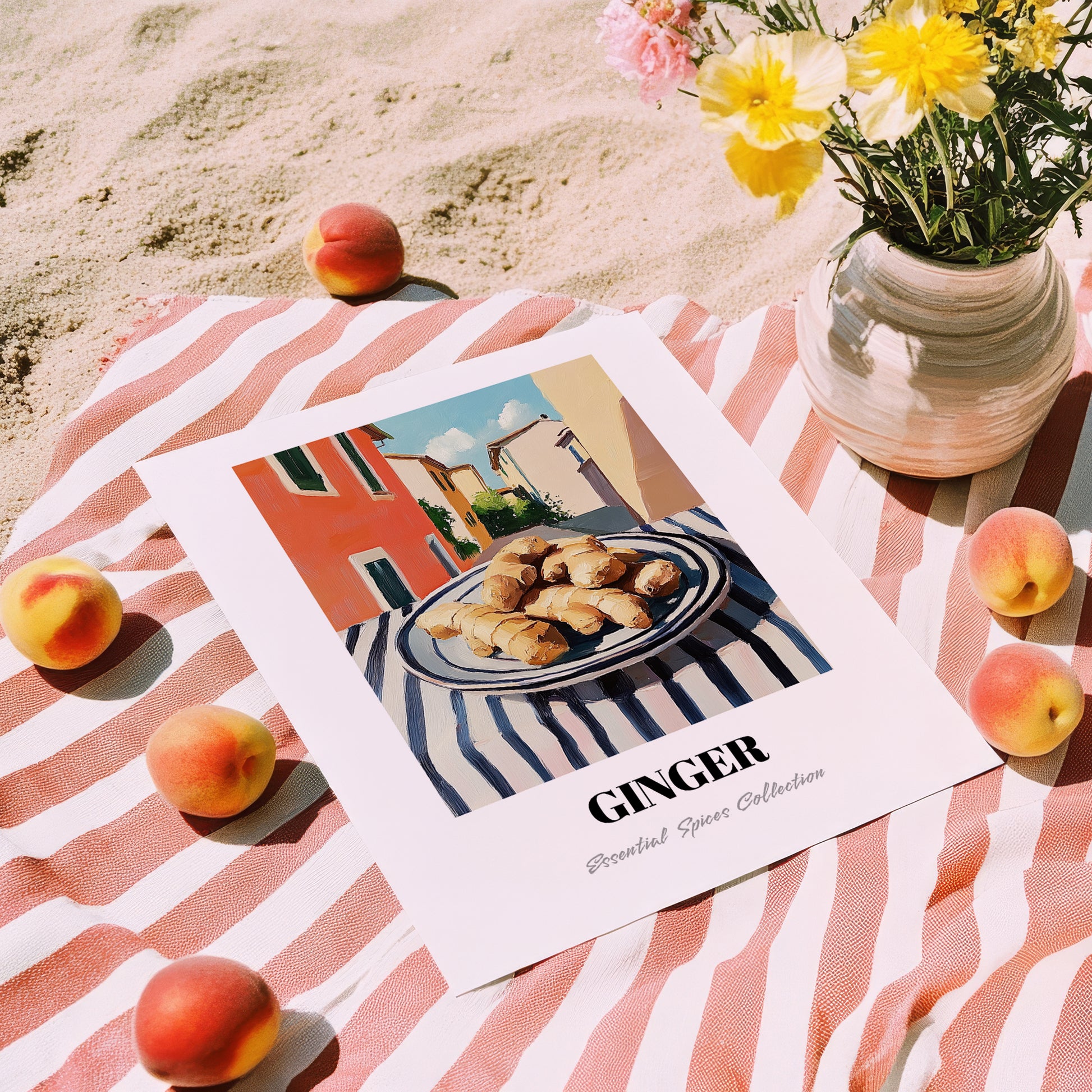 Ginger – Italian Café on the Corner, Spices Painting, unframed on coastal sand