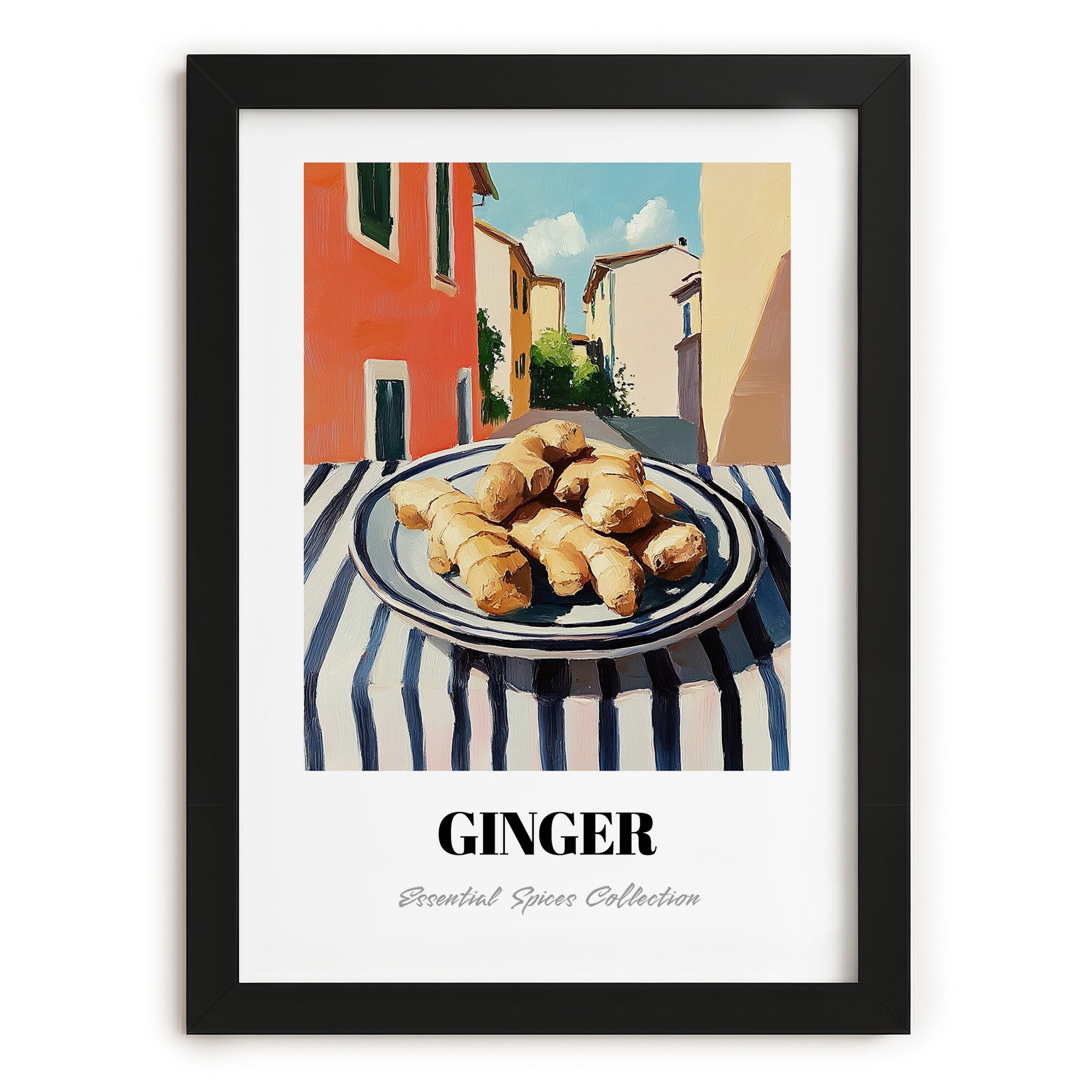 Ginger – Italian Café on the Corner, Spices Painting, in sleek black frame