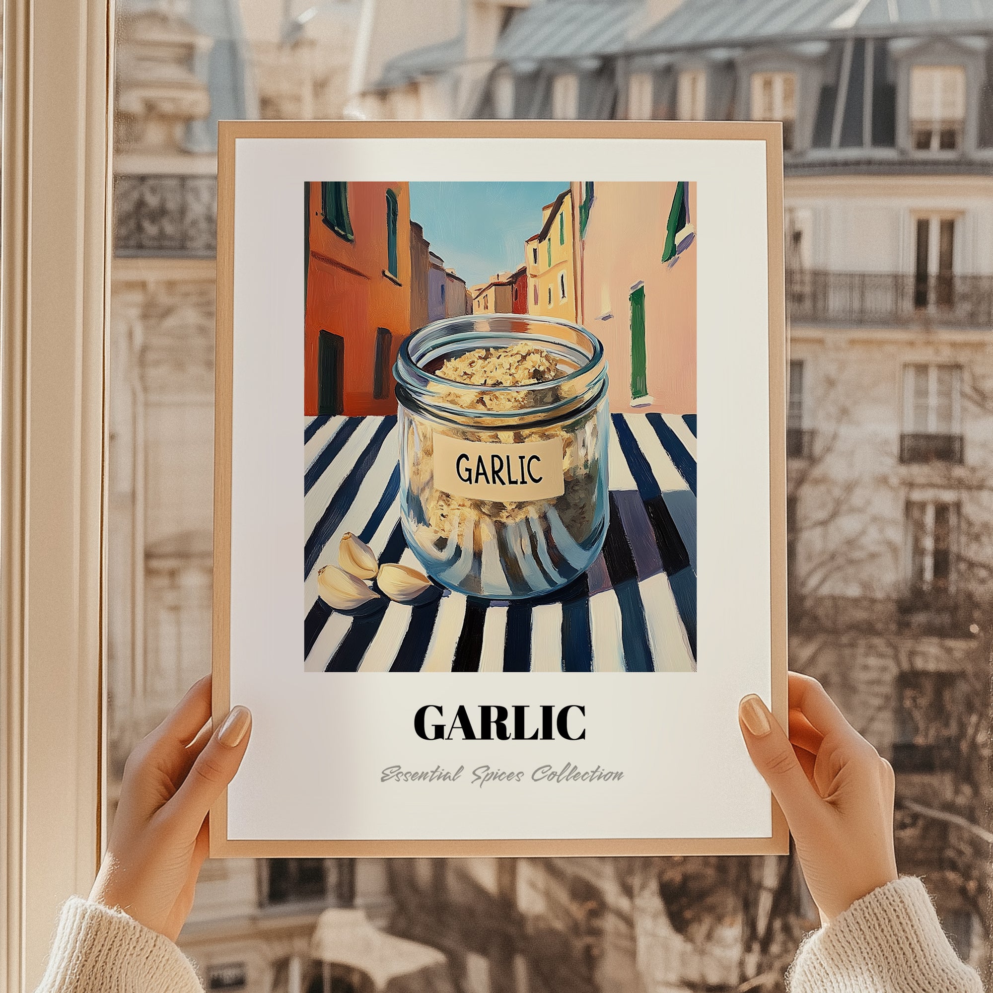 Garlic – Italian Outdoor Café Scene, Spices Still Life, styled in a charming Paris street view