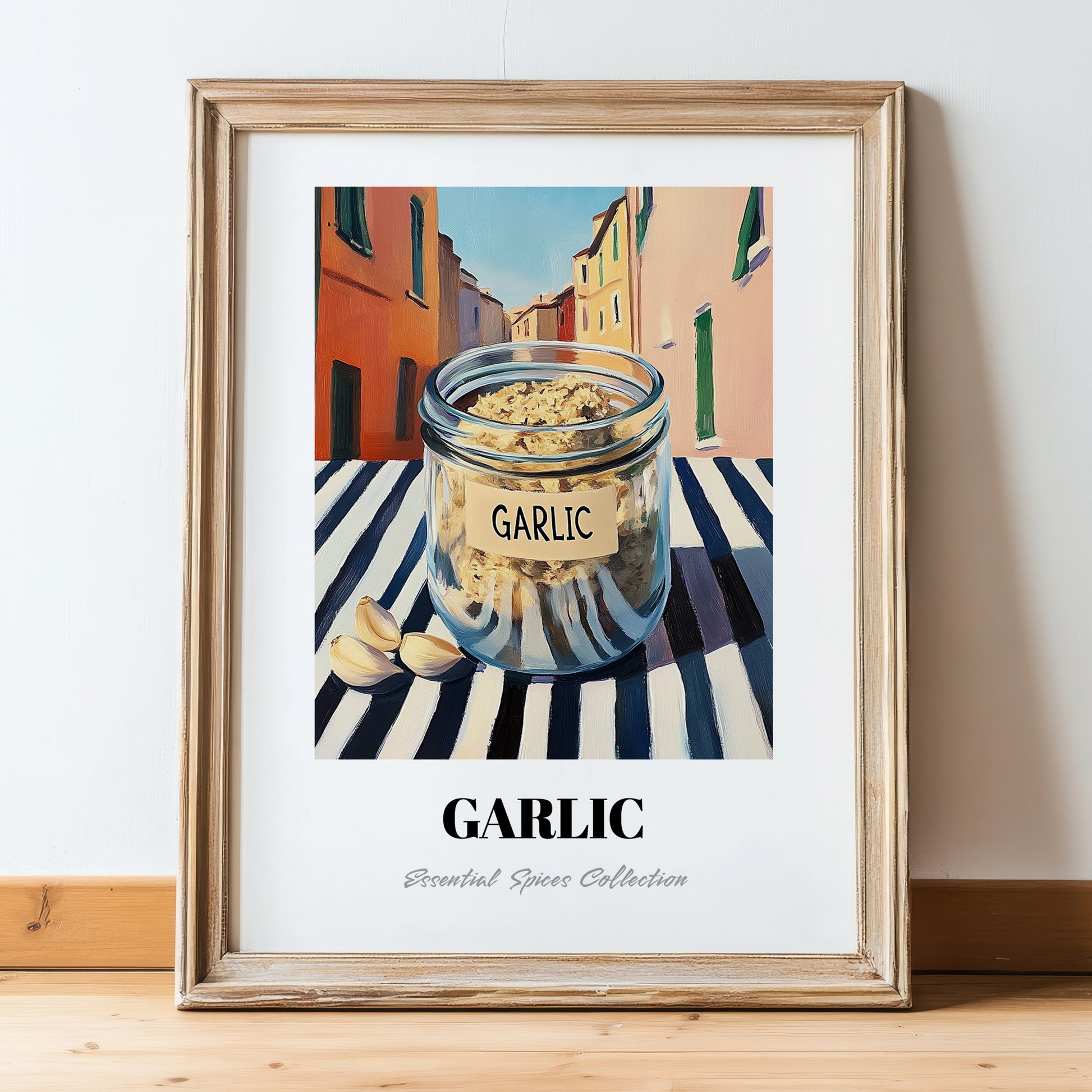 Garlic – Italian Outdoor Café Scene, Spices Still Life, in wooden frame leaning on the floor