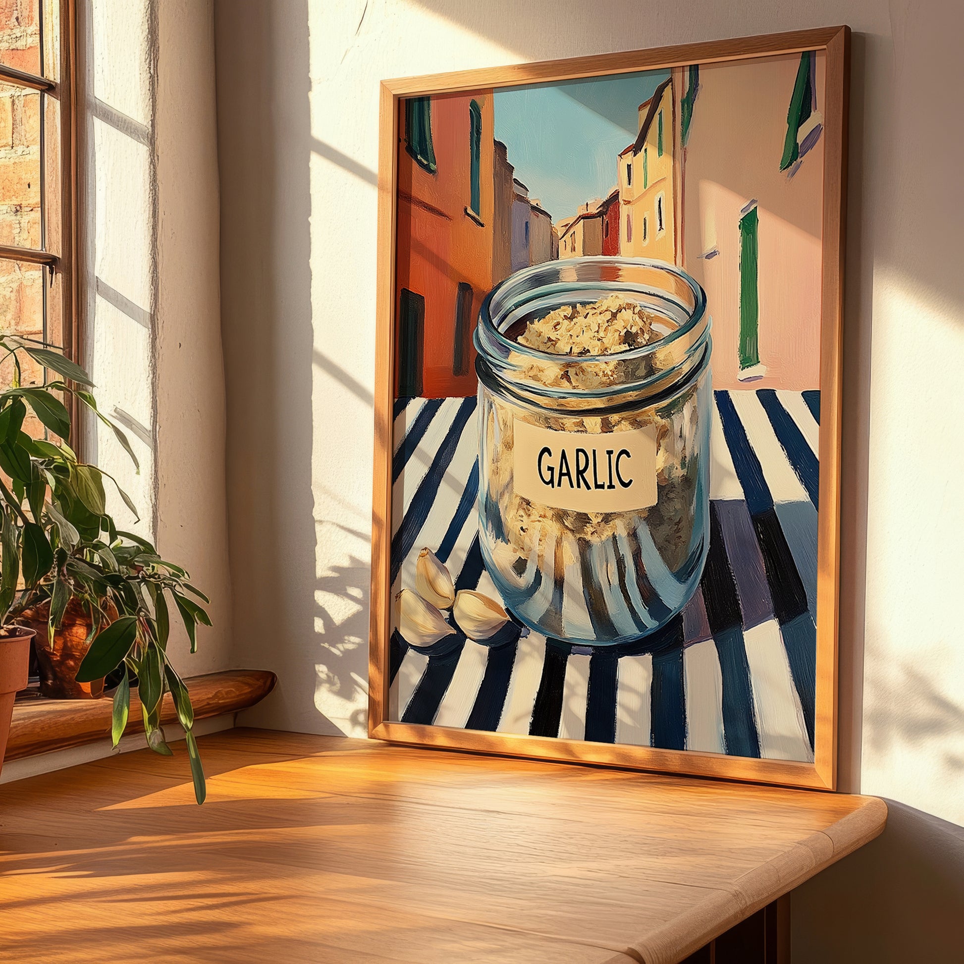 Garlic – Italian Outdoor Café Scene, Spices Still Life, clean layout with no caption