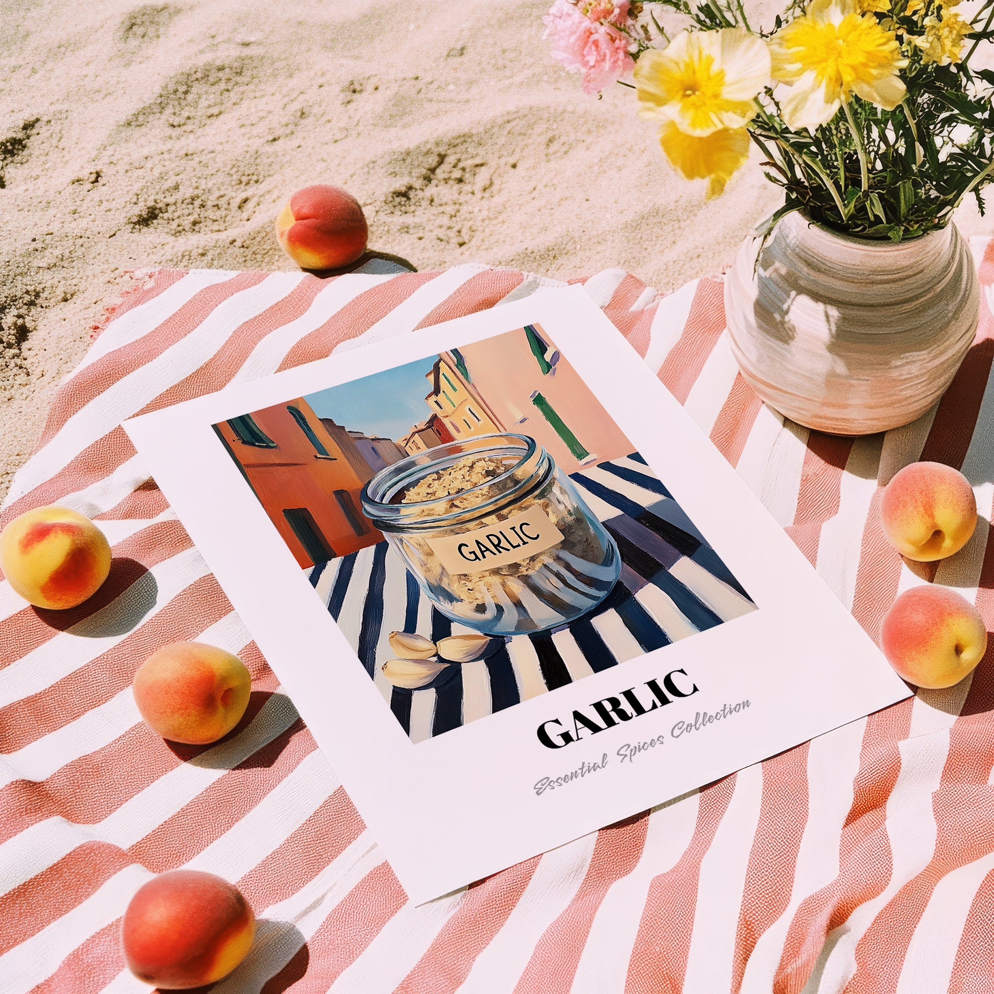 Garlic – Italian Outdoor Café Scene, Spices Still Life, unframed on coastal sand