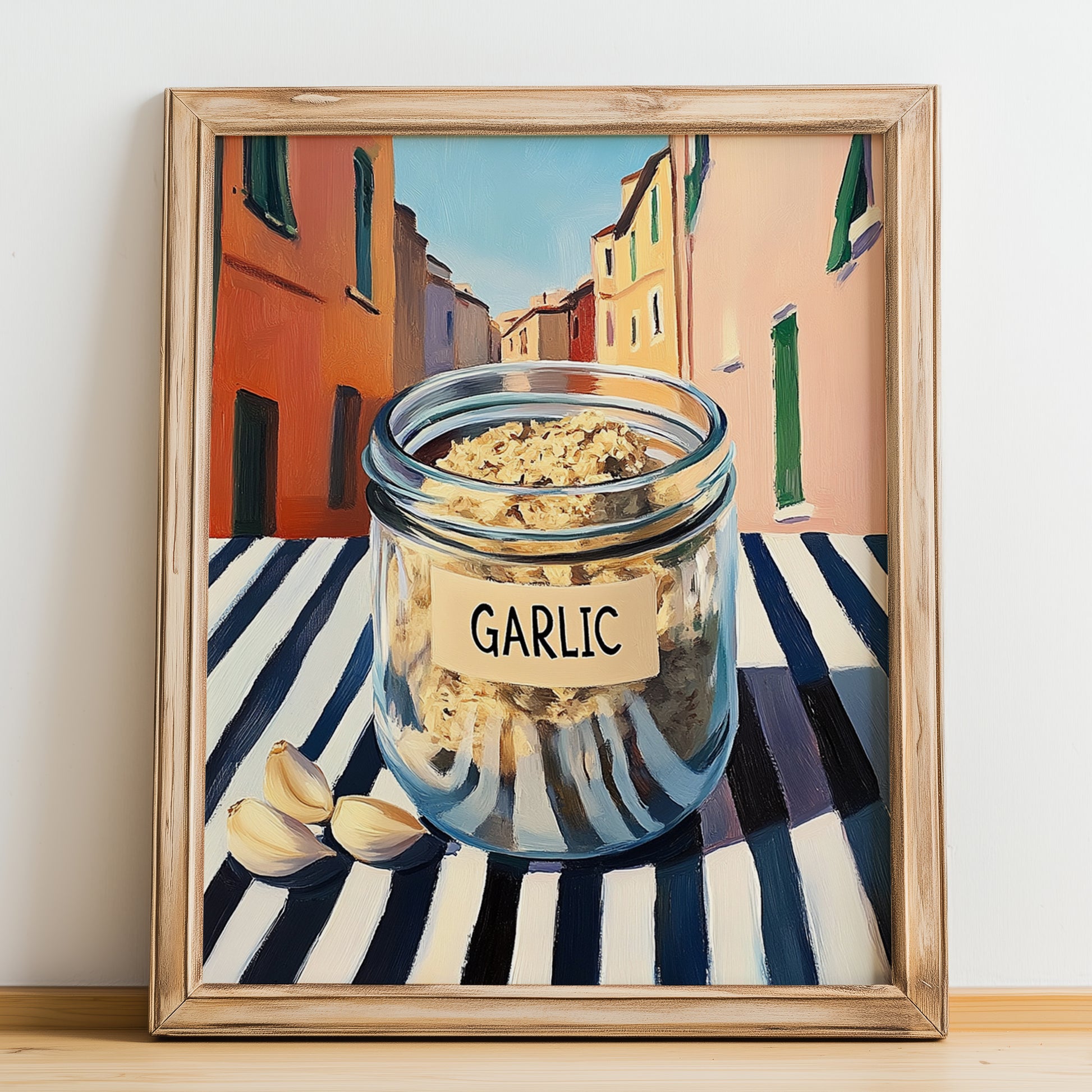 Garlic – Italian Outdoor Café Scene, Spices Still Life, no-text version framed in wood