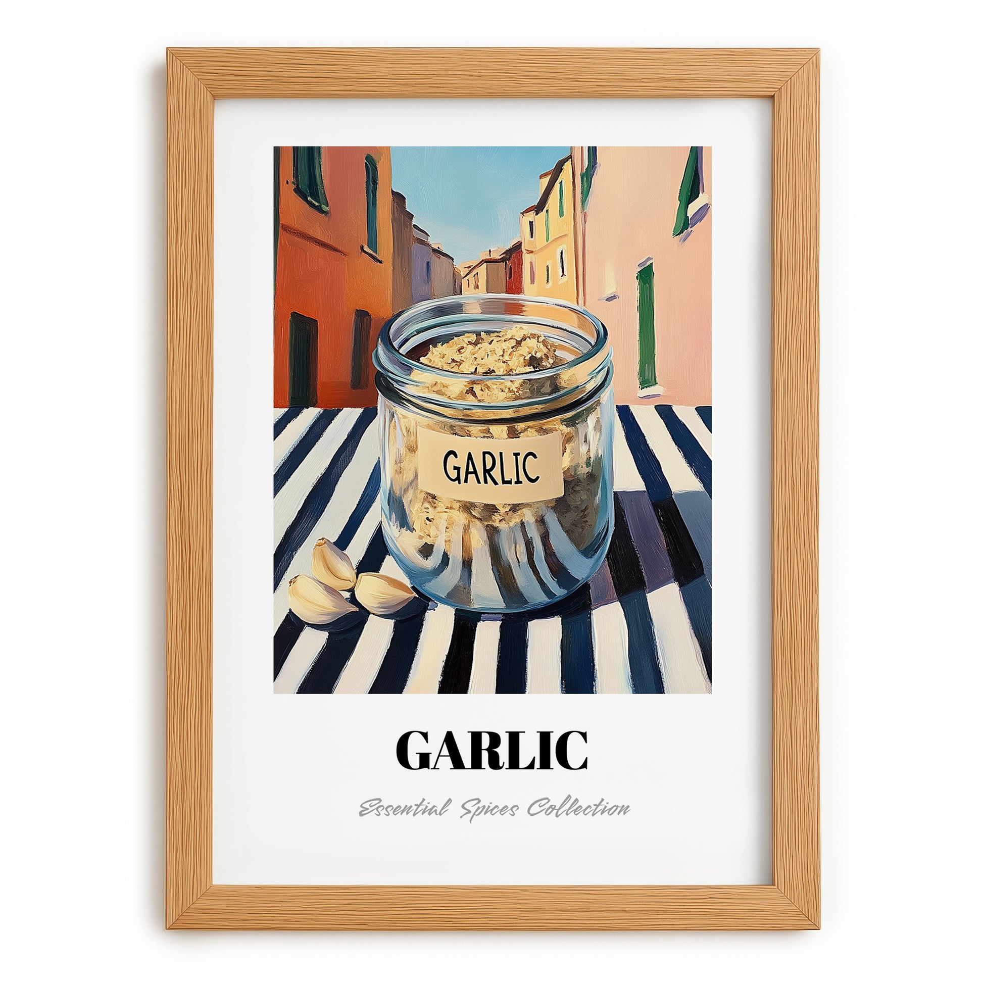 Garlic – Italian Outdoor Café Scene, Spices Still Life, set in oak frame
