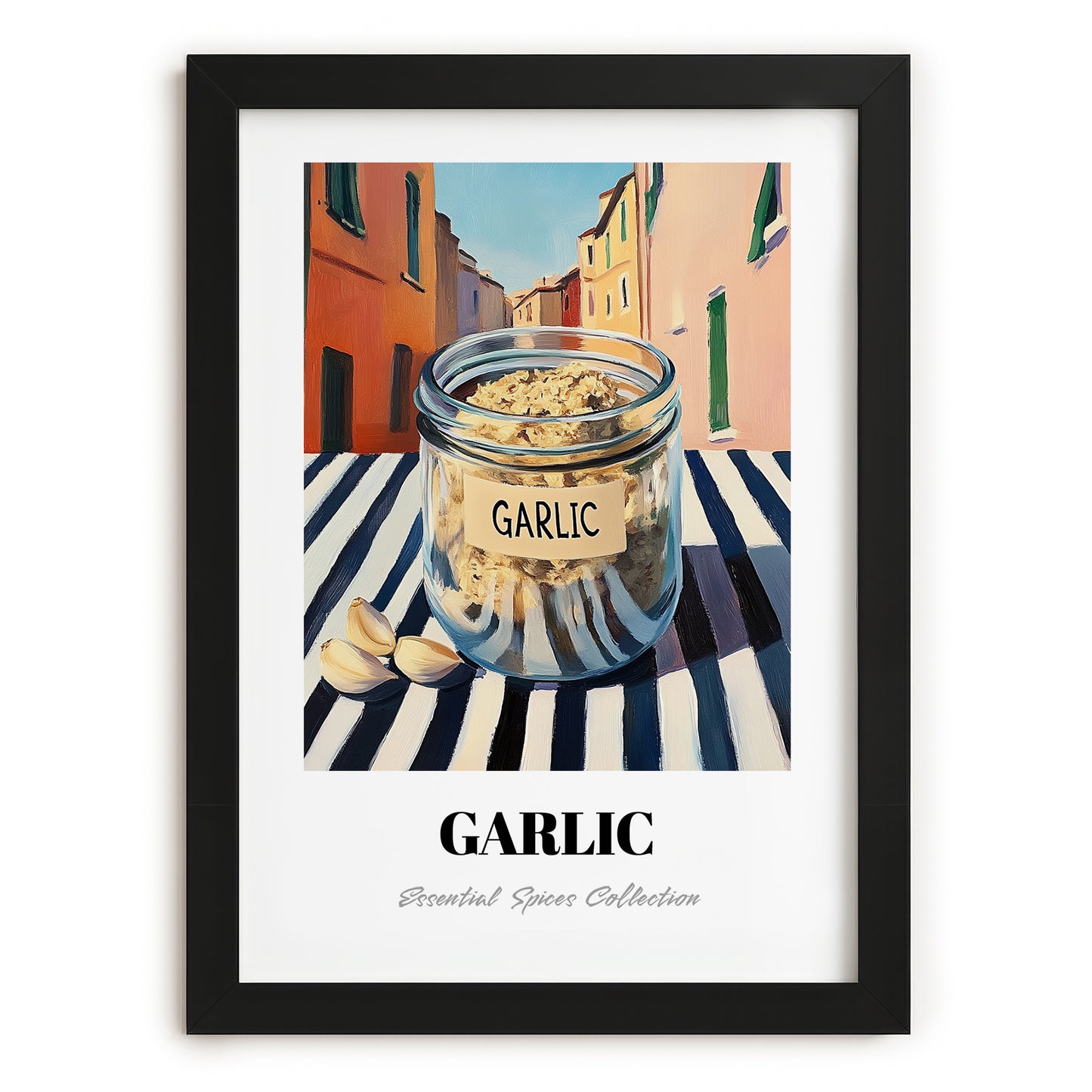 Garlic – Italian Outdoor Café Scene, Spices Still Life, in sleek black frame