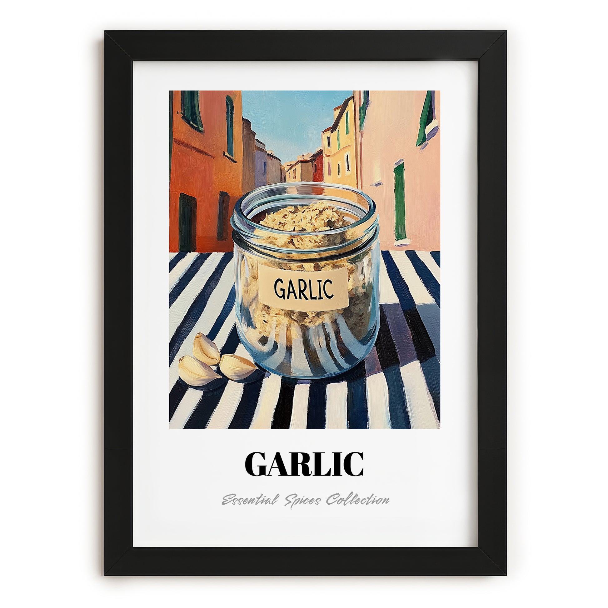 Garlic – Italian Outdoor Café Scene, Spices Still Life, in sleek black frame