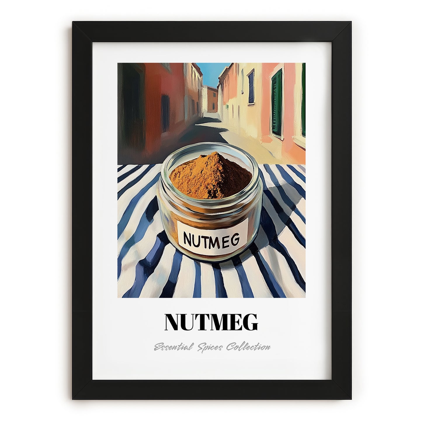 Nutmeg – Italian Street Café Scene, Spices Wall Decor, in sleek black frame
