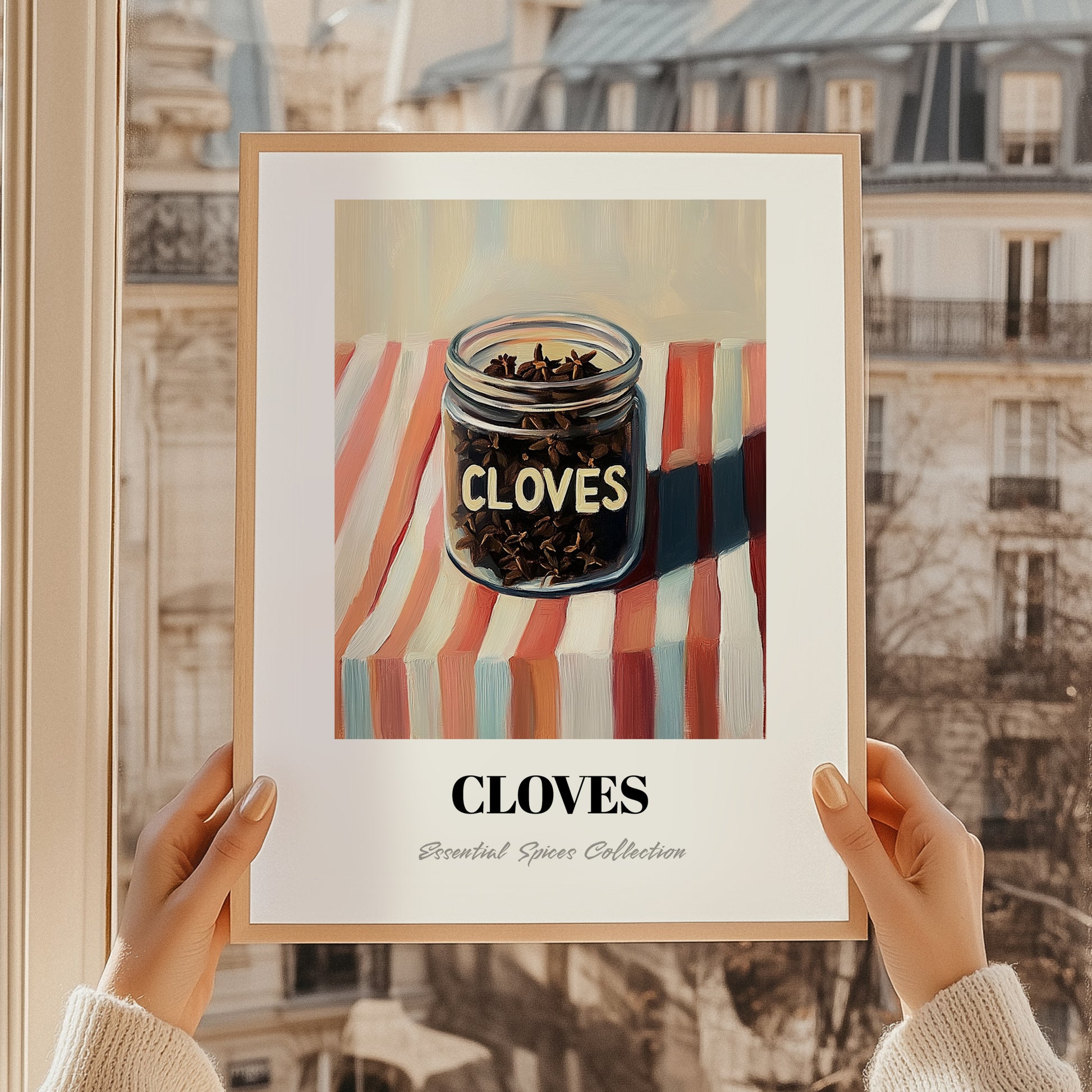 Cloves – on Striped Tablecloth, Spices Painting, styled in a charming Paris street view