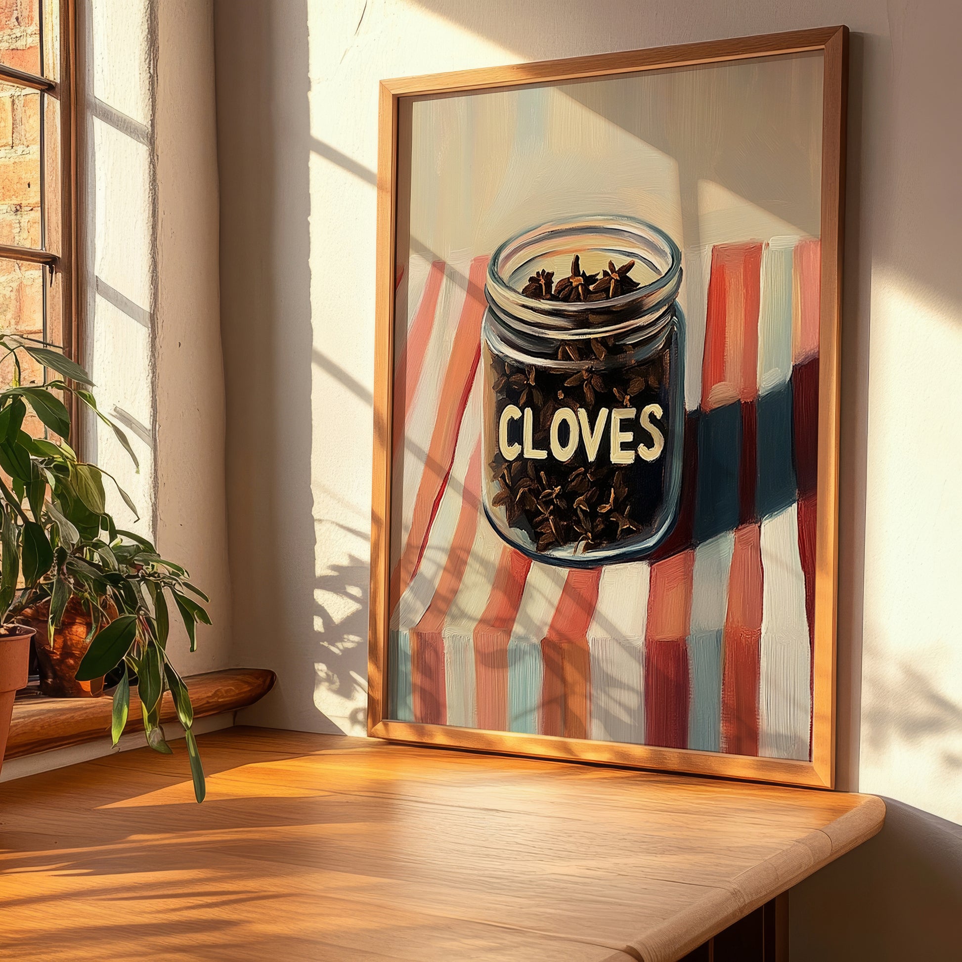 Cloves – on Striped Tablecloth, Spices Painting, clean layout with no caption