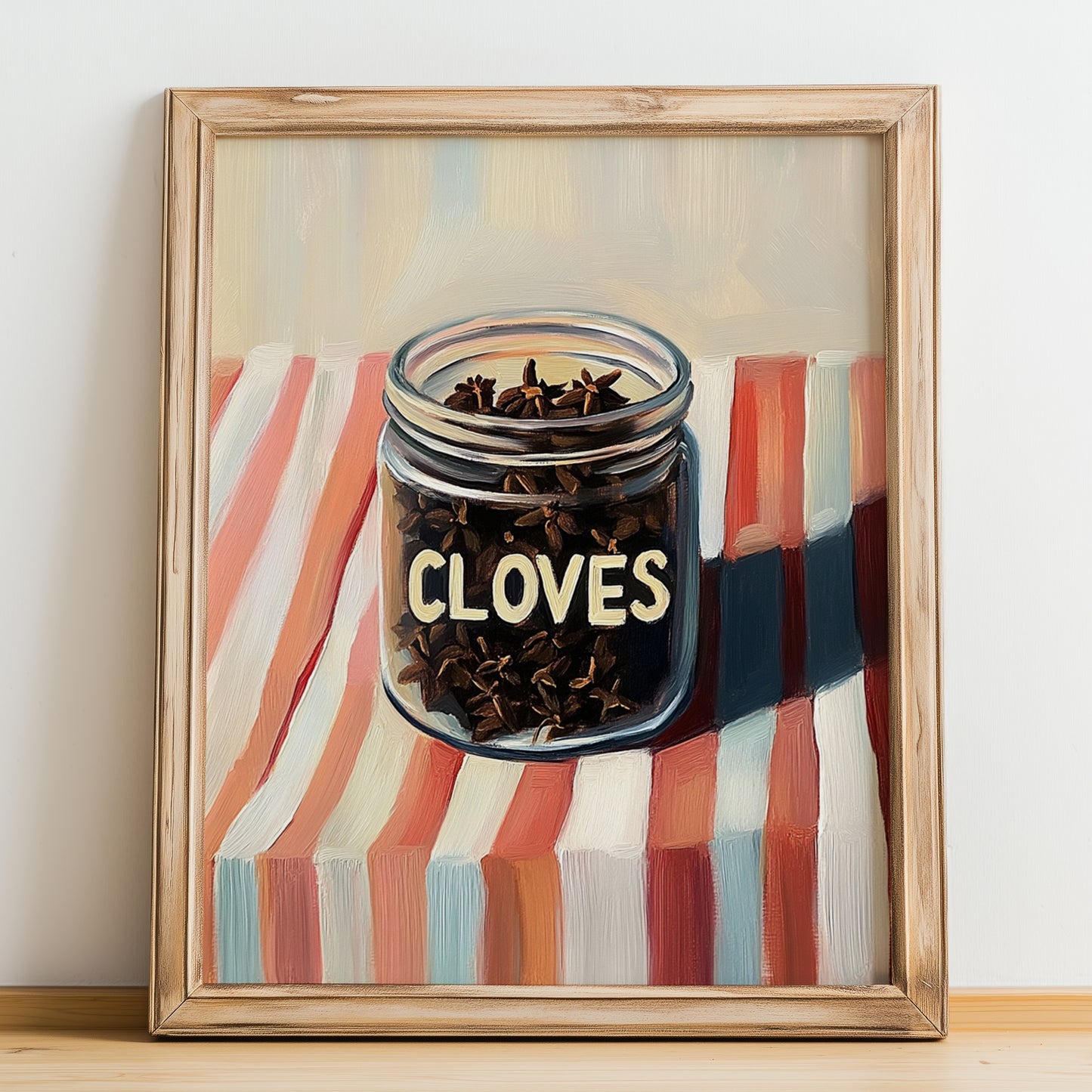 Cloves – on Striped Tablecloth, Spices Painting, no-text version framed in wood