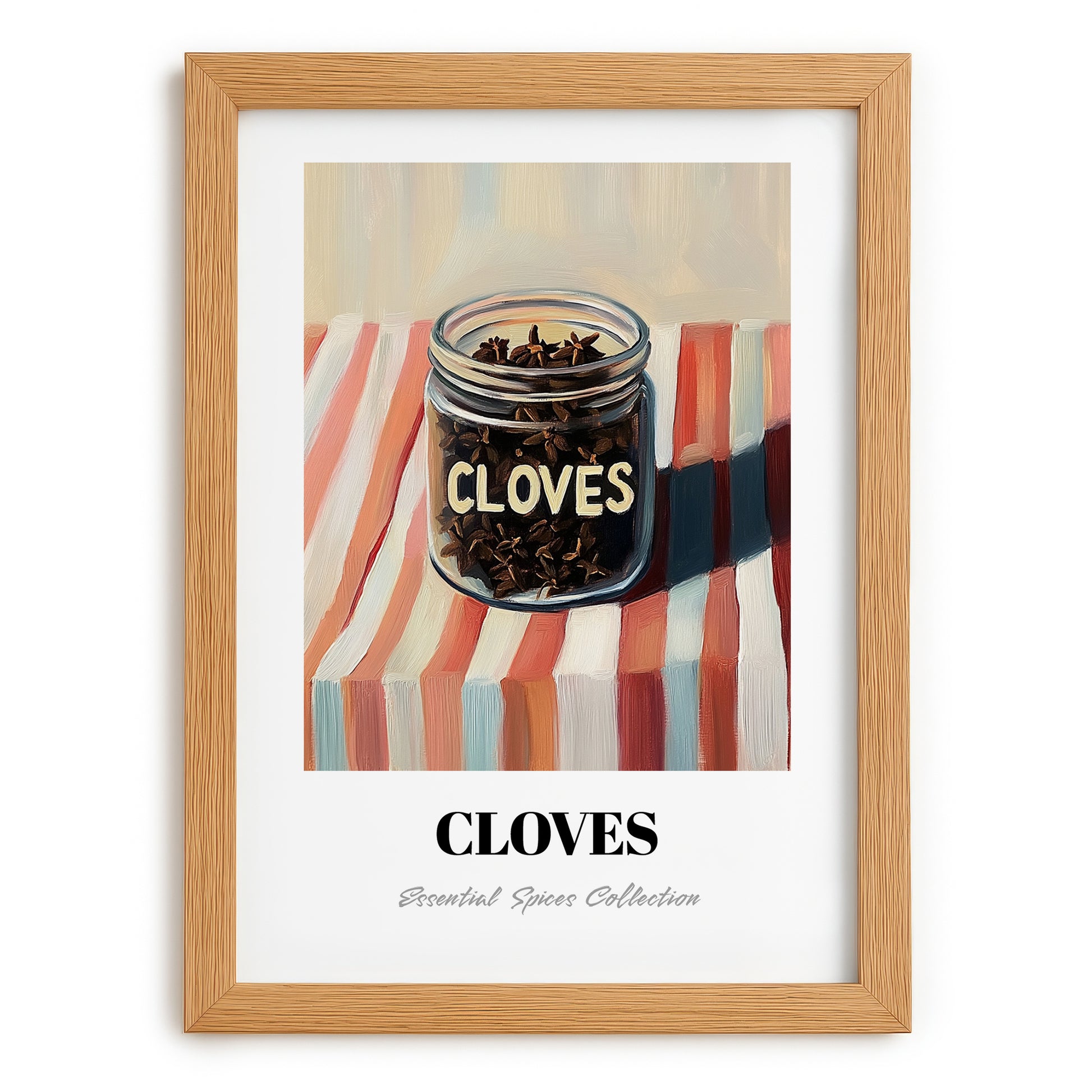 Cloves – on Striped Tablecloth, Spices Painting, set in oak frame