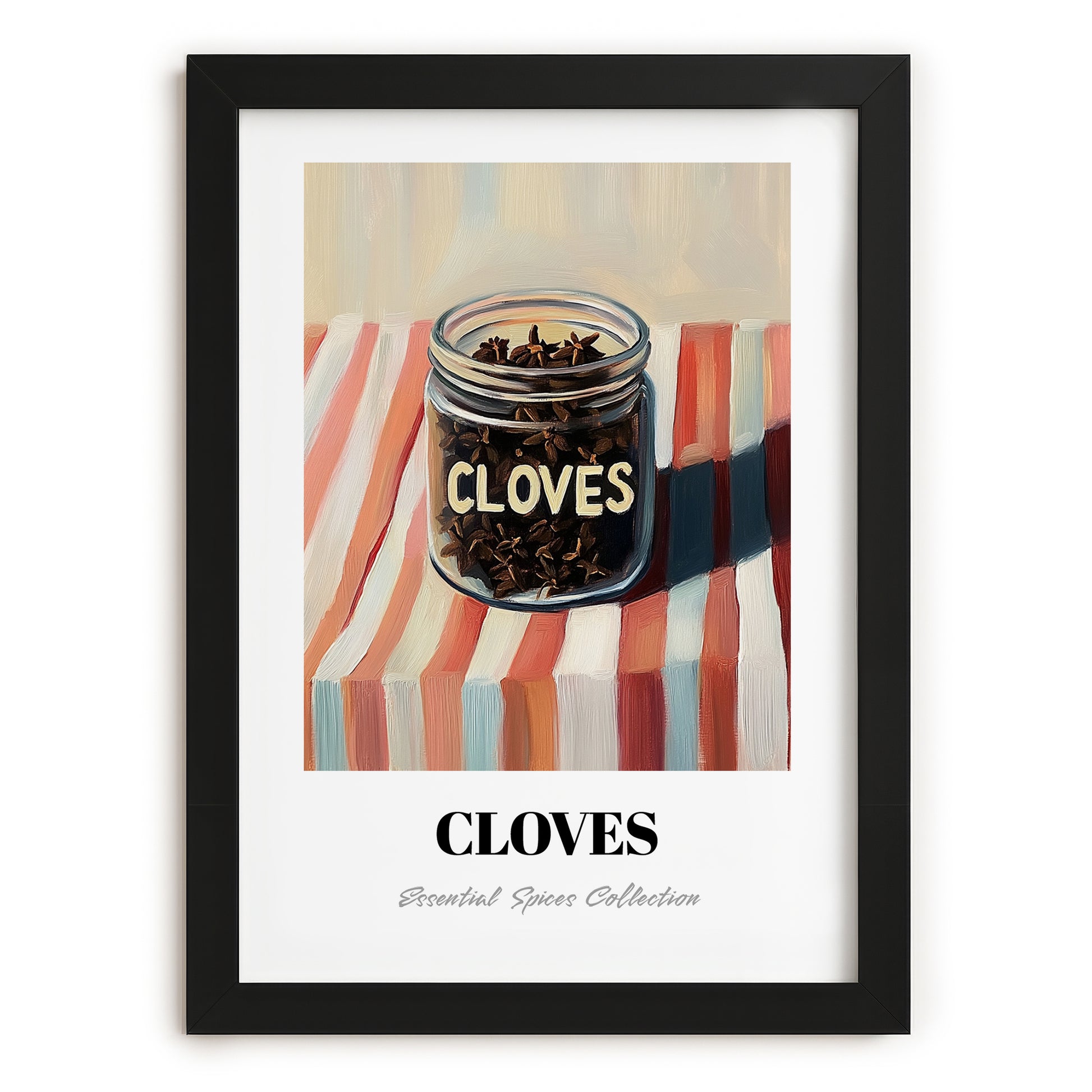 Cloves – on Striped Tablecloth, Spices Painting, in sleek black frame