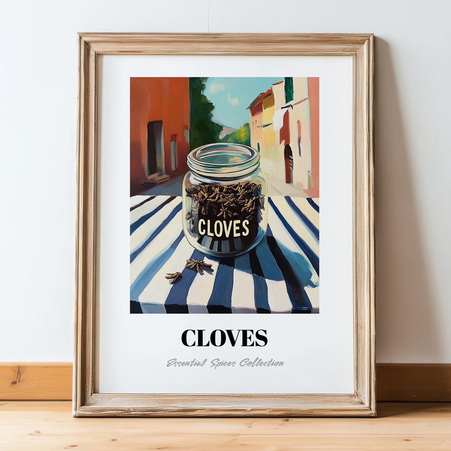 Cloves – Italian Urban Café Scene, Spices Wall Decor, in wooden frame leaning on the floor
