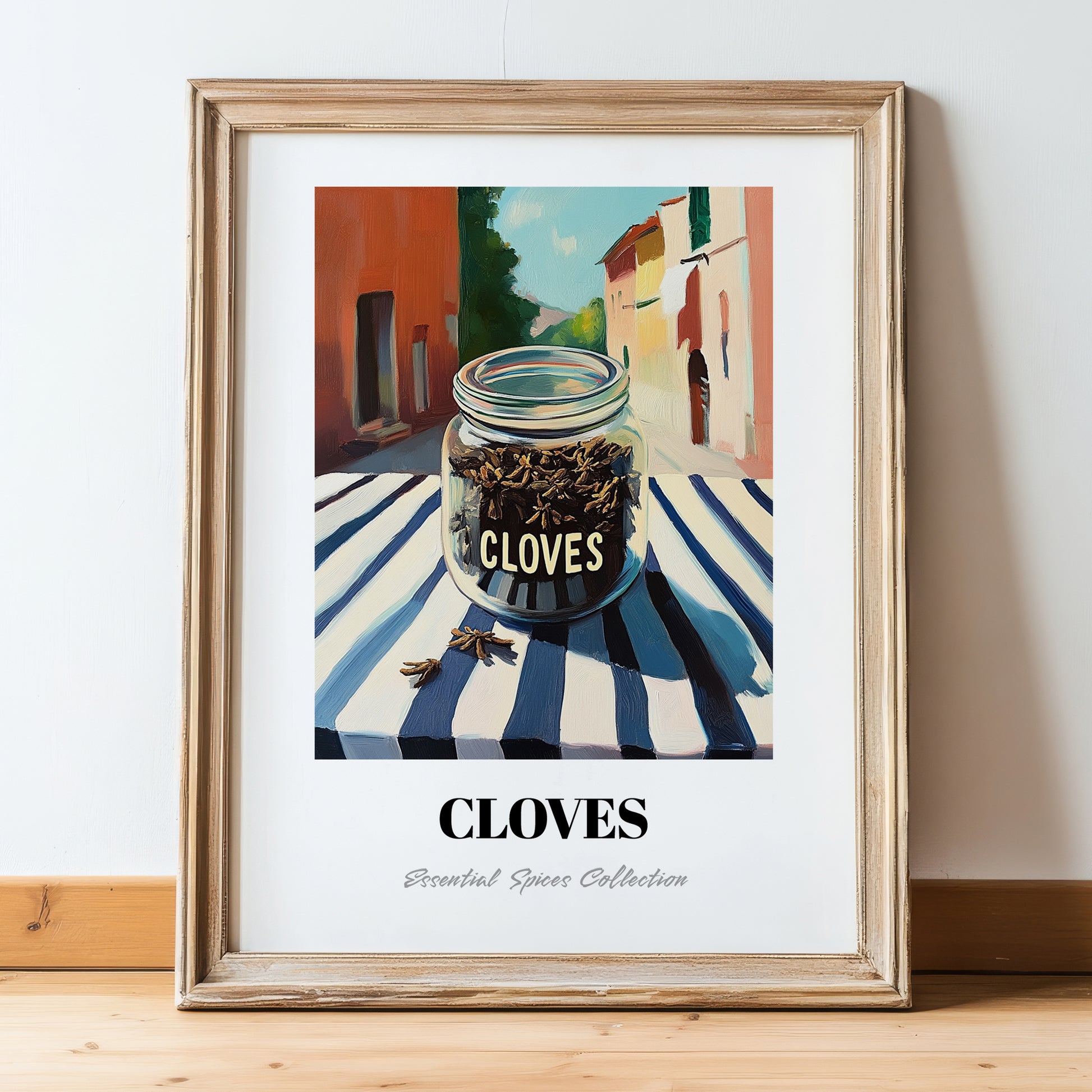Cloves – Italian Urban Café Scene, Spices Wall Decor, in wooden frame leaning on the floor