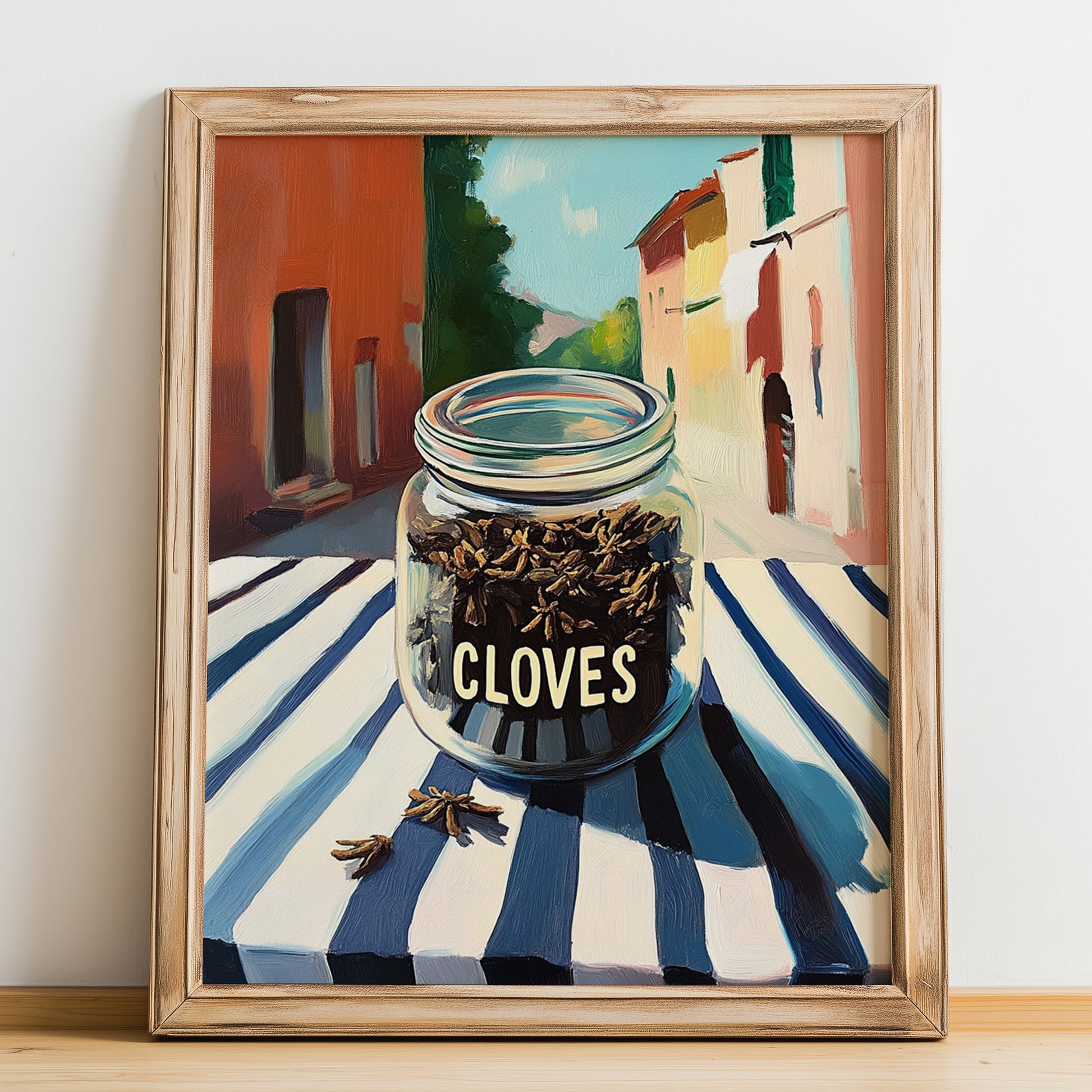 Cloves – Italian Urban Café Scene, Spices Wall Decor, no-text version framed in wood