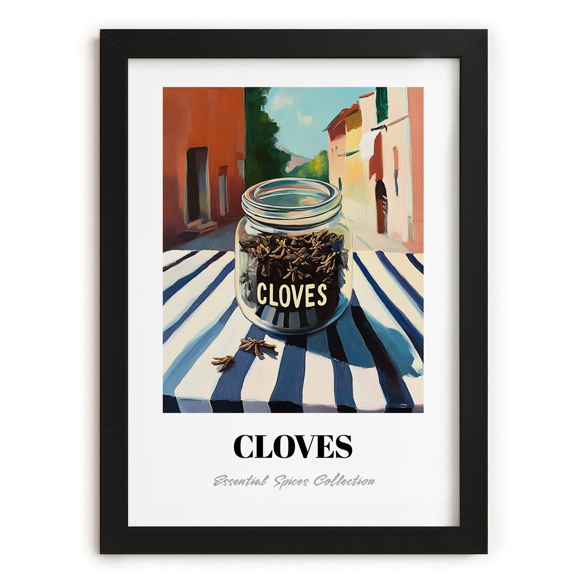 Cloves – Italian Urban Café Scene, Spices Wall Decor, in sleek black frame