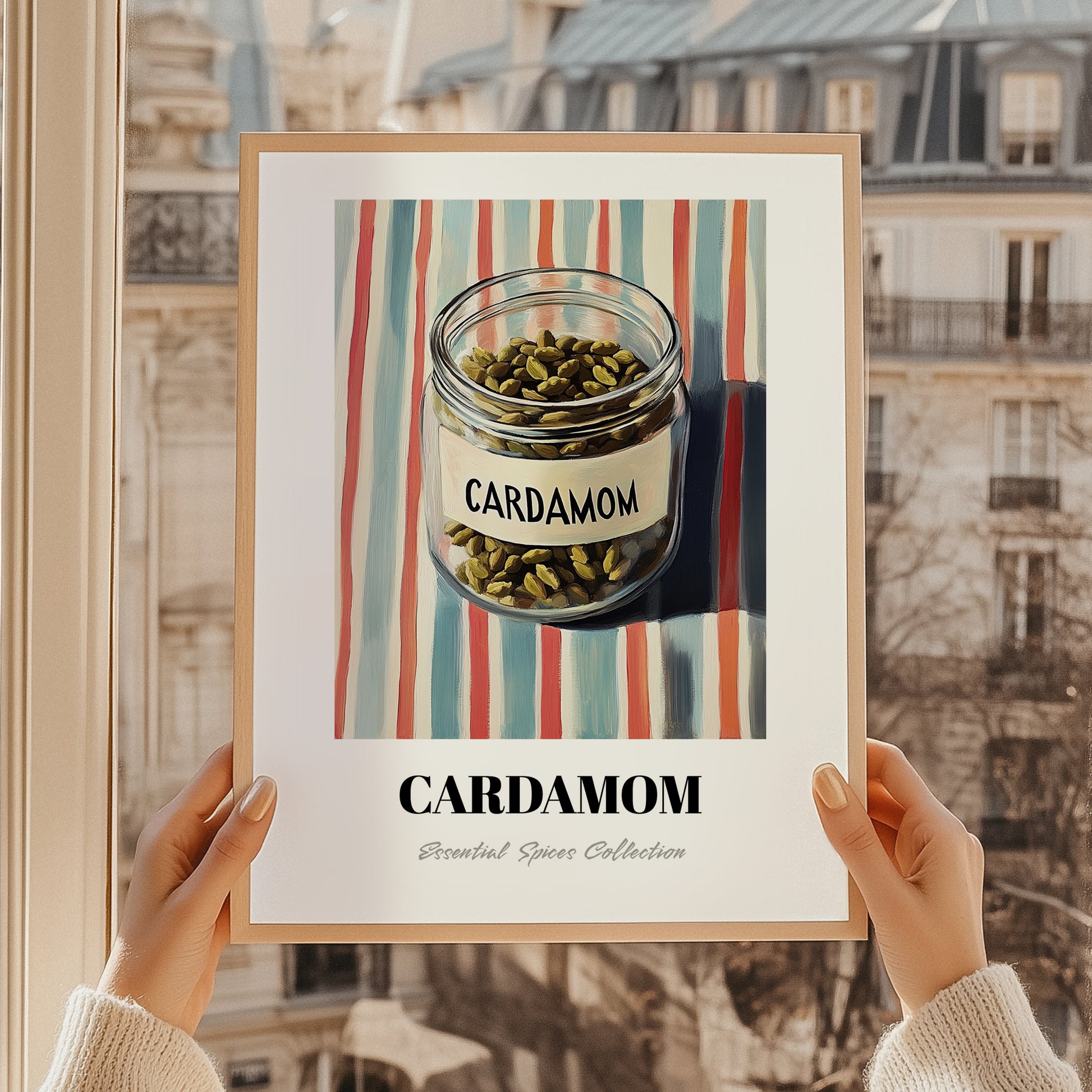 Cardamom – on Striped Tablecloth, Spices Illustration, styled in a charming Paris street view