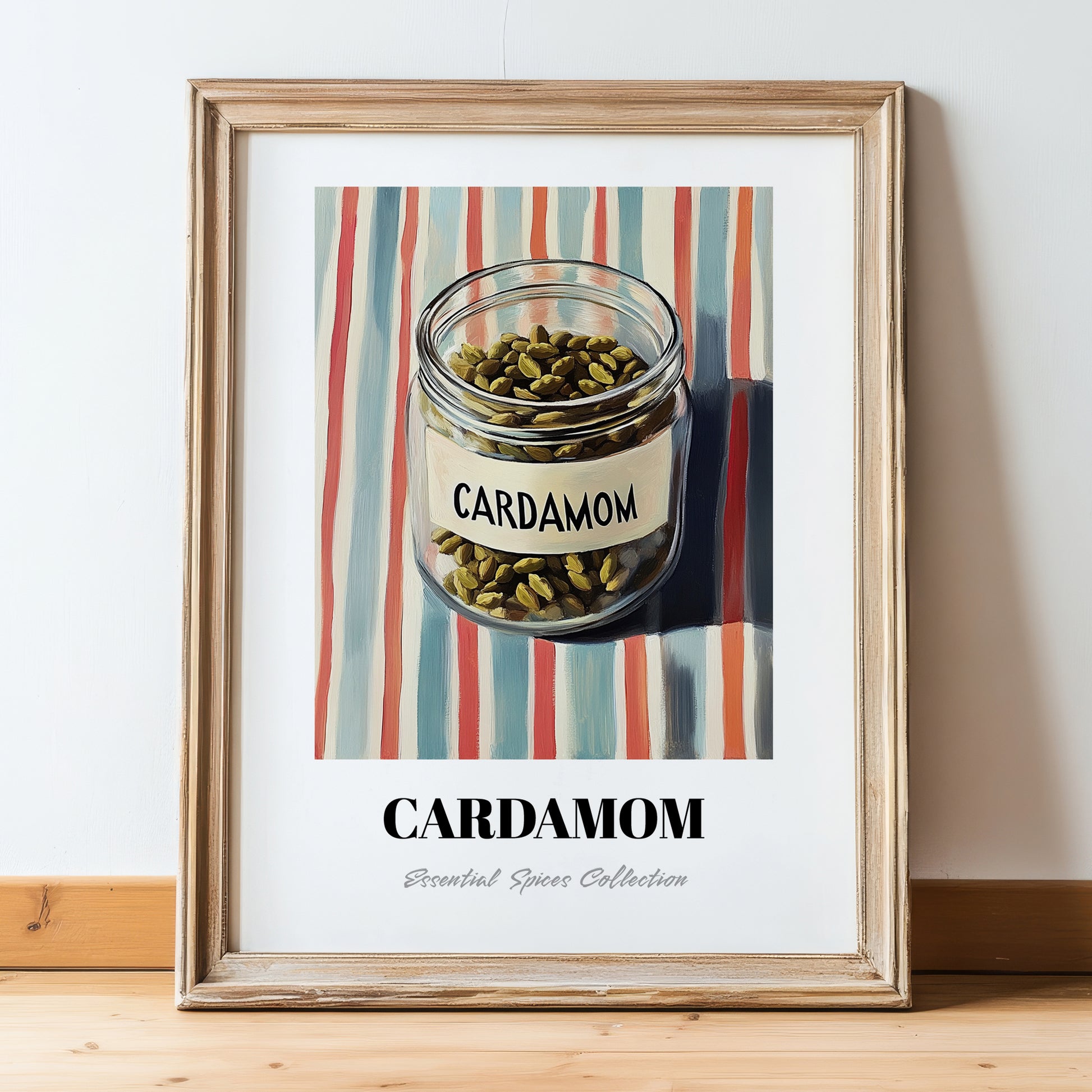 Cardamom – on Striped Tablecloth, Spices Illustration, in wooden frame leaning on the floor