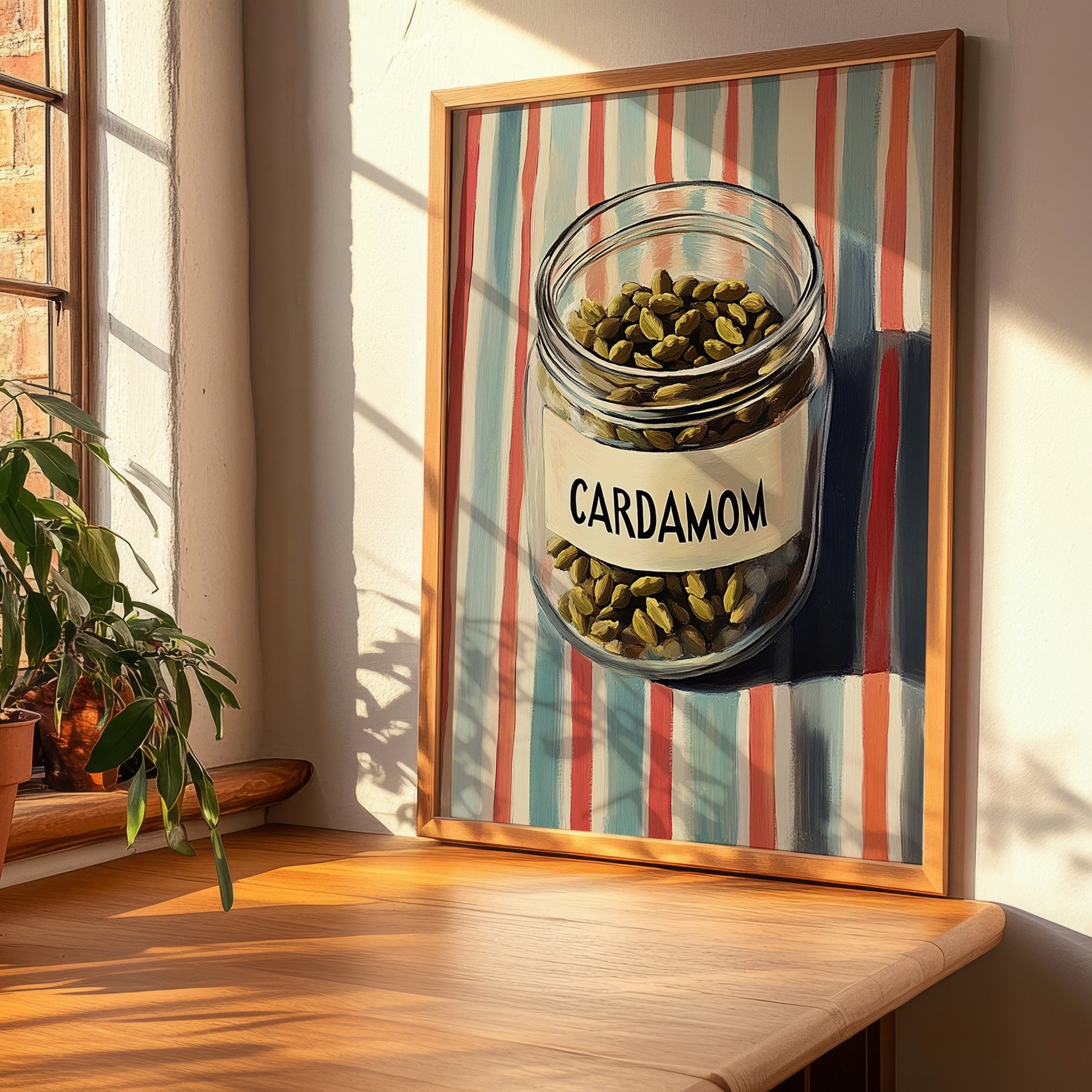 Cardamom – on Striped Tablecloth, Spices Illustration, clean layout with no caption