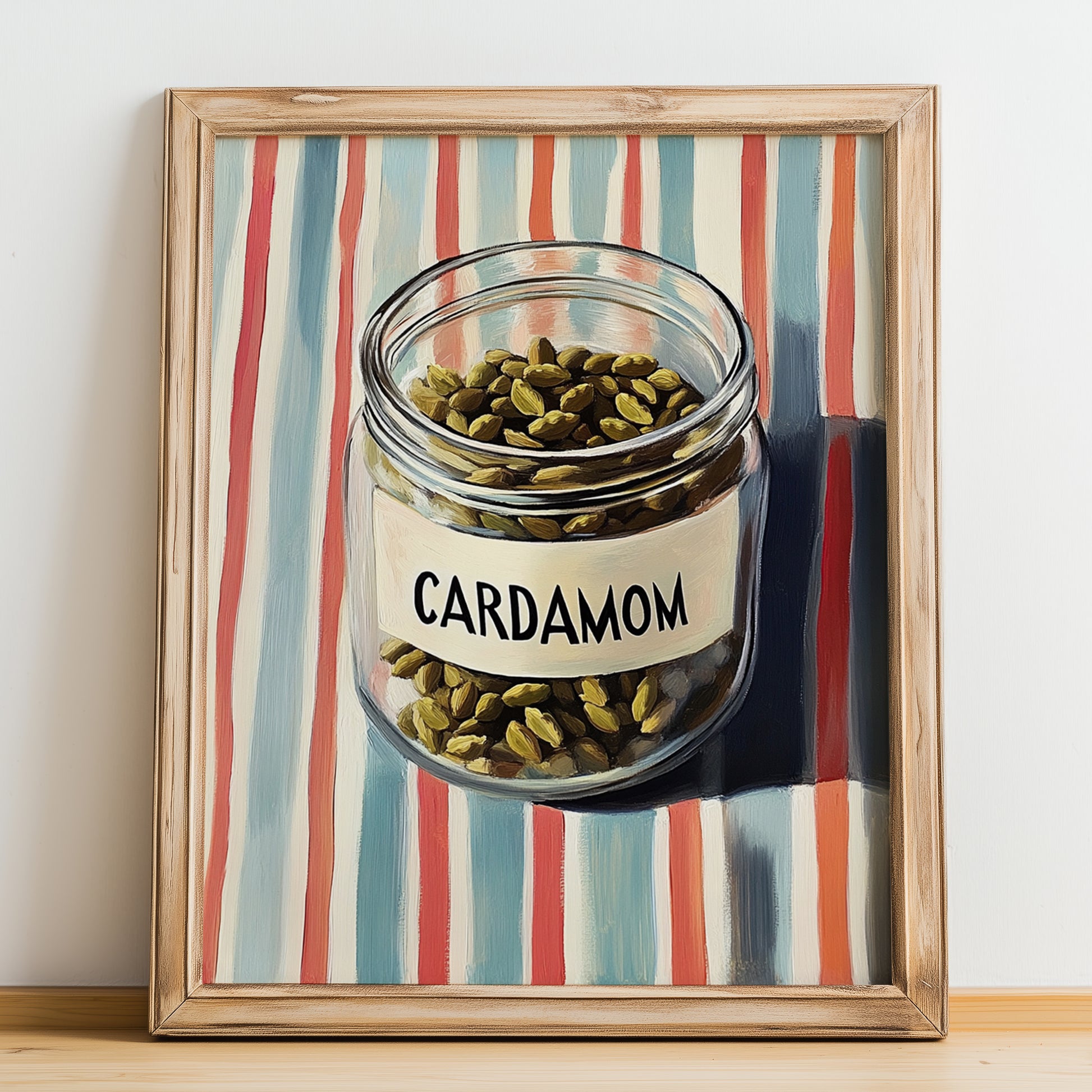 Cardamom – on Striped Tablecloth, Spices Illustration, no-text version framed in wood
