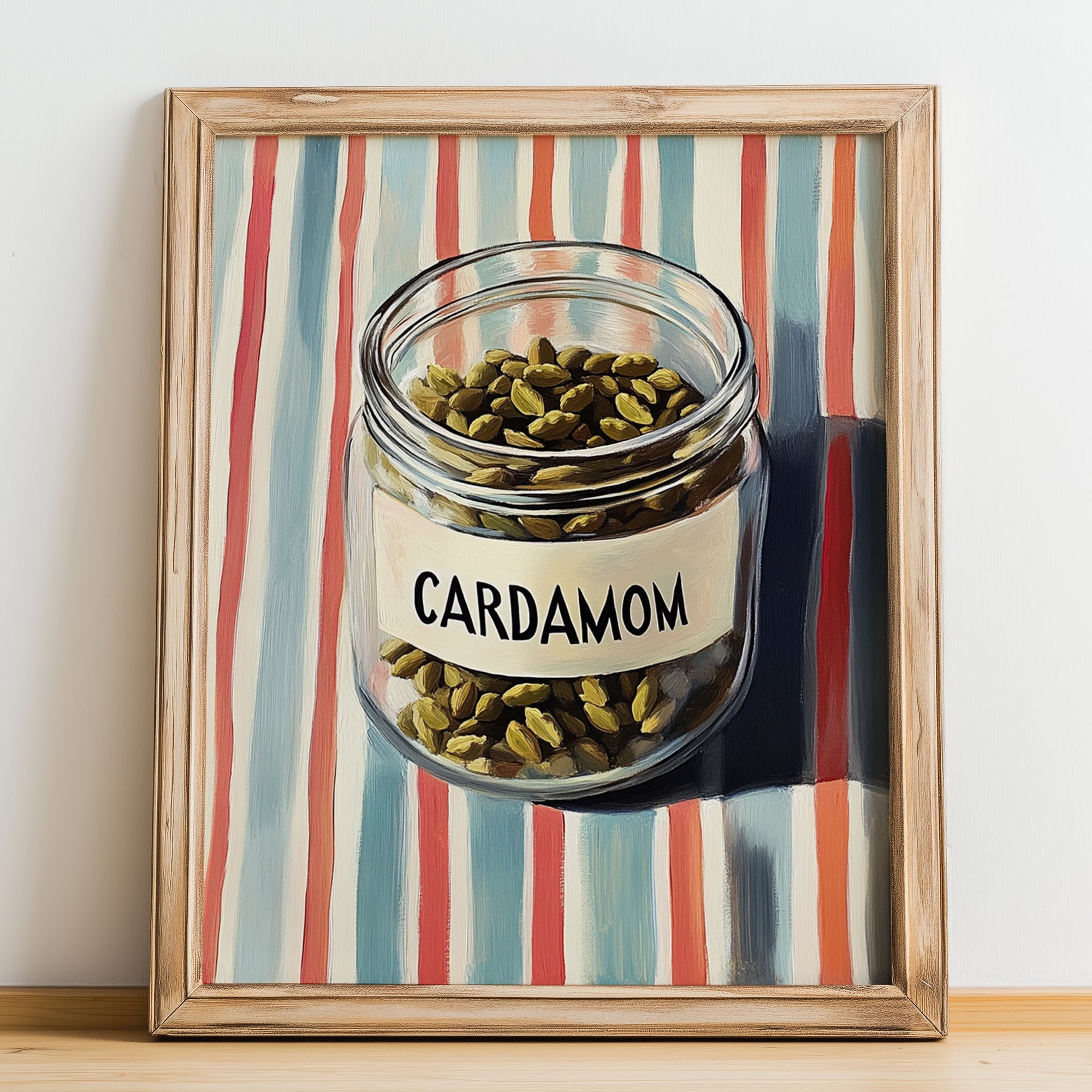 Cardamom – on Striped Tablecloth, Spices Illustration, no-text version framed in wood