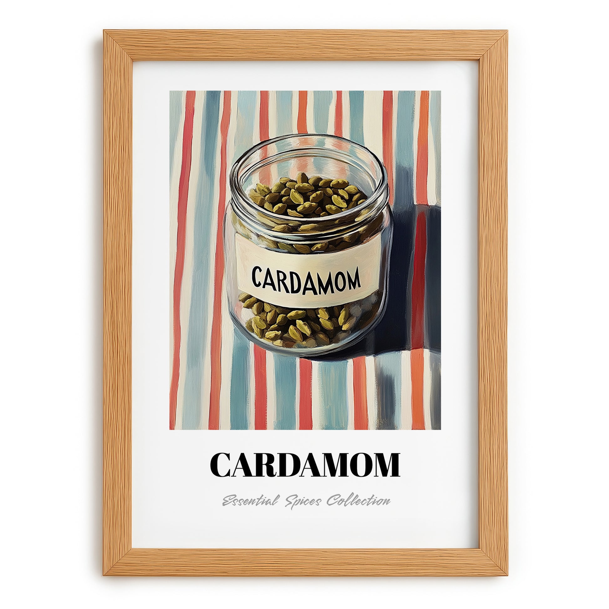 Cardamom – on Striped Tablecloth, Spices Illustration, set in oak frame