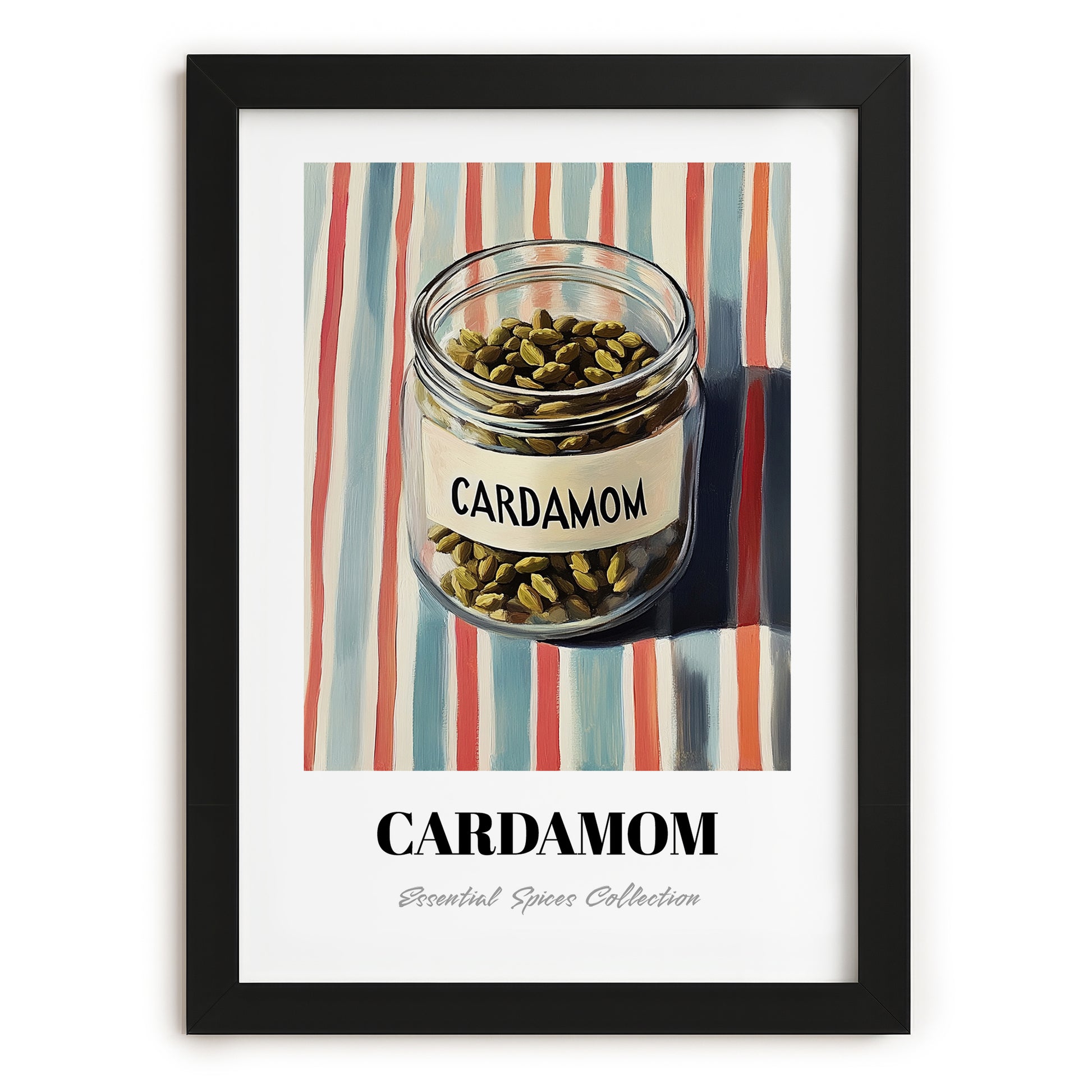 Cardamom – on Striped Tablecloth, Spices Illustration, in sleek black frame