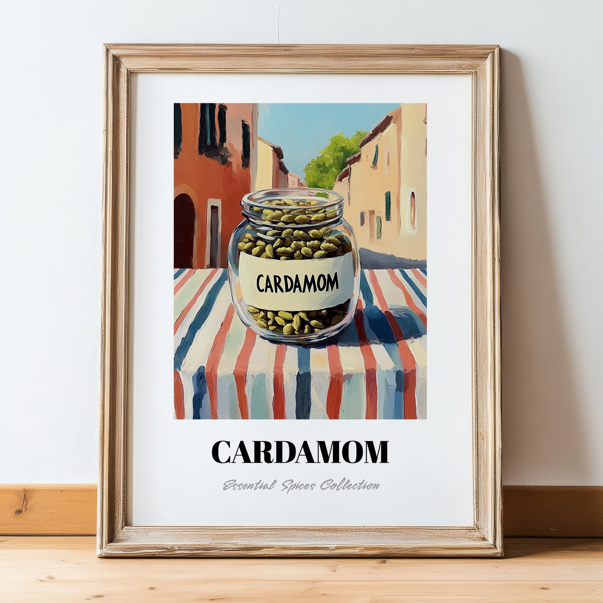Cardamom – Italian Outdoor Café Scene, Spices Poster, in wooden frame leaning on the floor