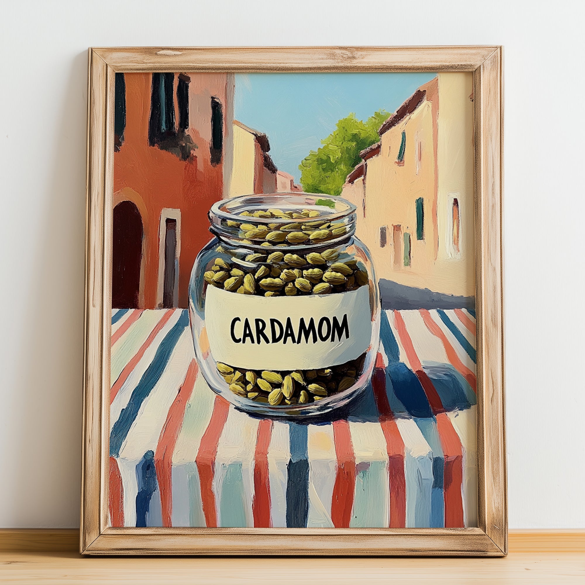 Cardamom – Italian Outdoor Café Scene, Spices Poster, no-text version framed in wood