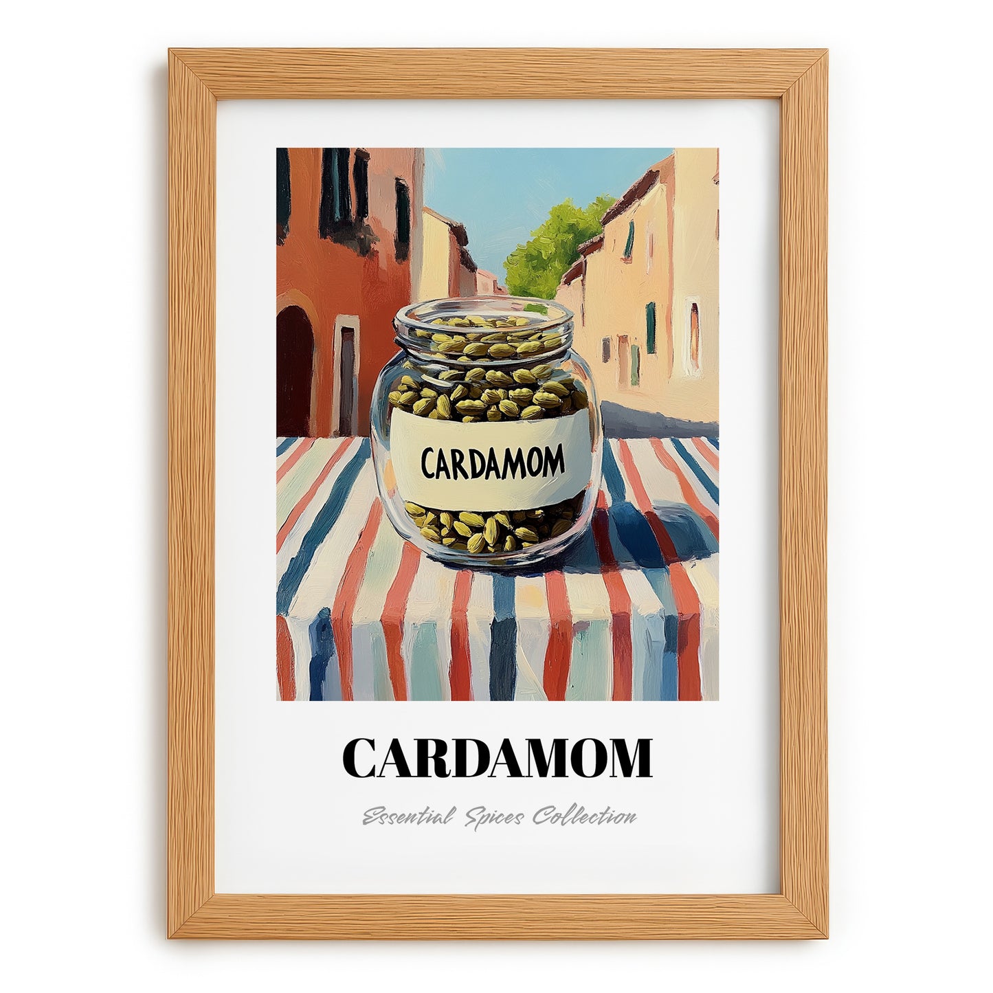 Cardamom – Italian Outdoor Café Scene, Spices Poster, set in oak frame