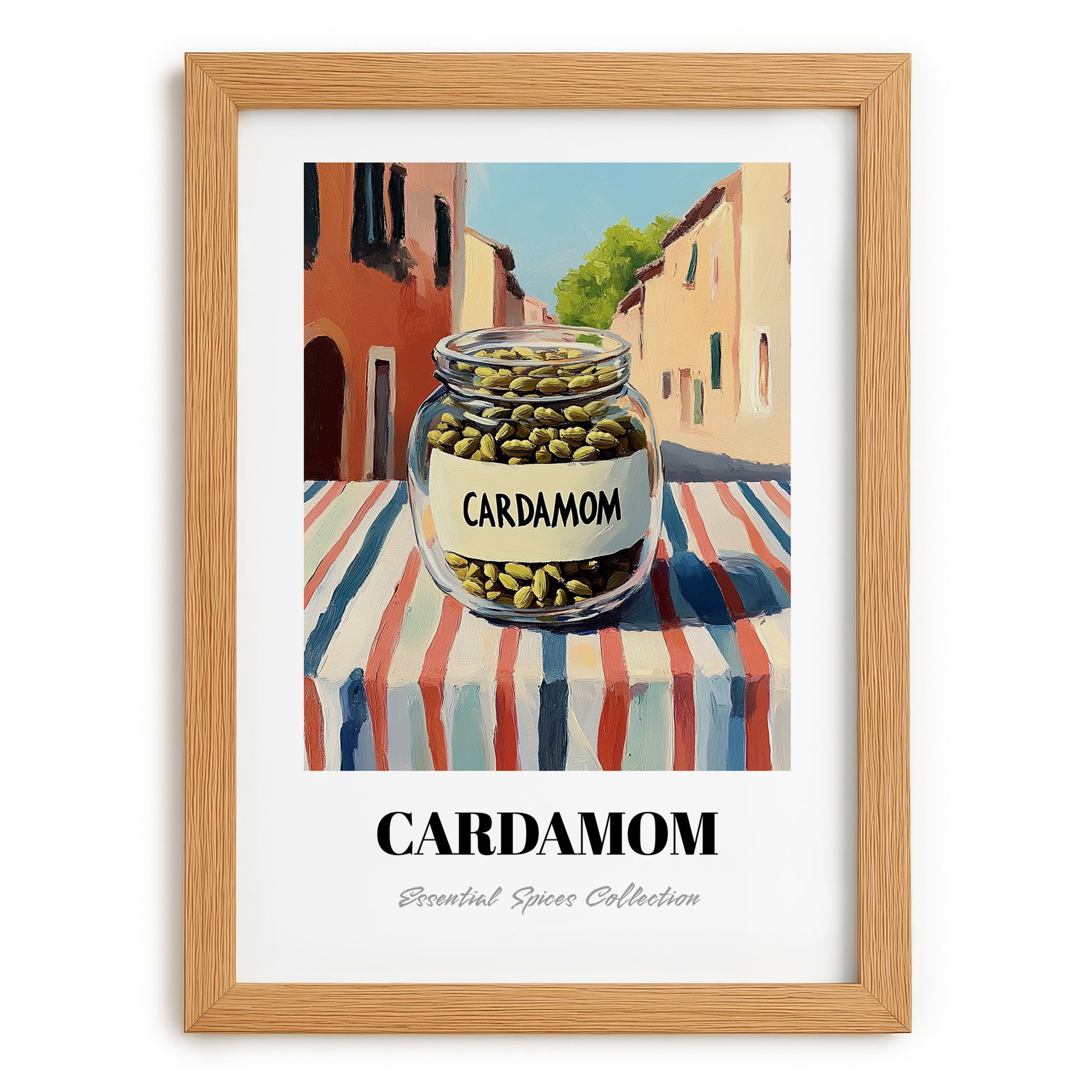 Cardamom – Italian Outdoor Café Scene, Spices Poster, set in oak frame