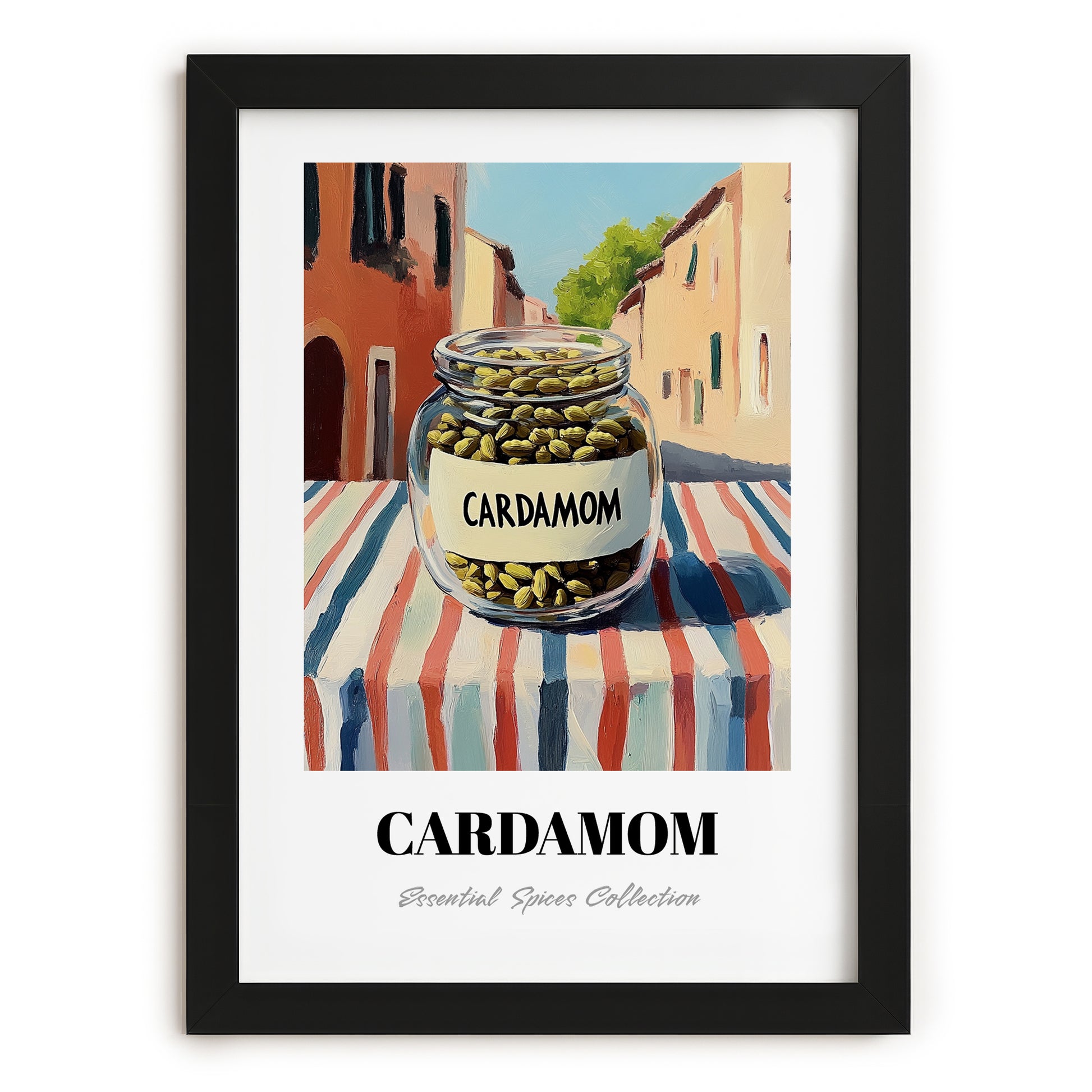 Cardamom – Italian Outdoor Café Scene, Spices Poster, in sleek black frame