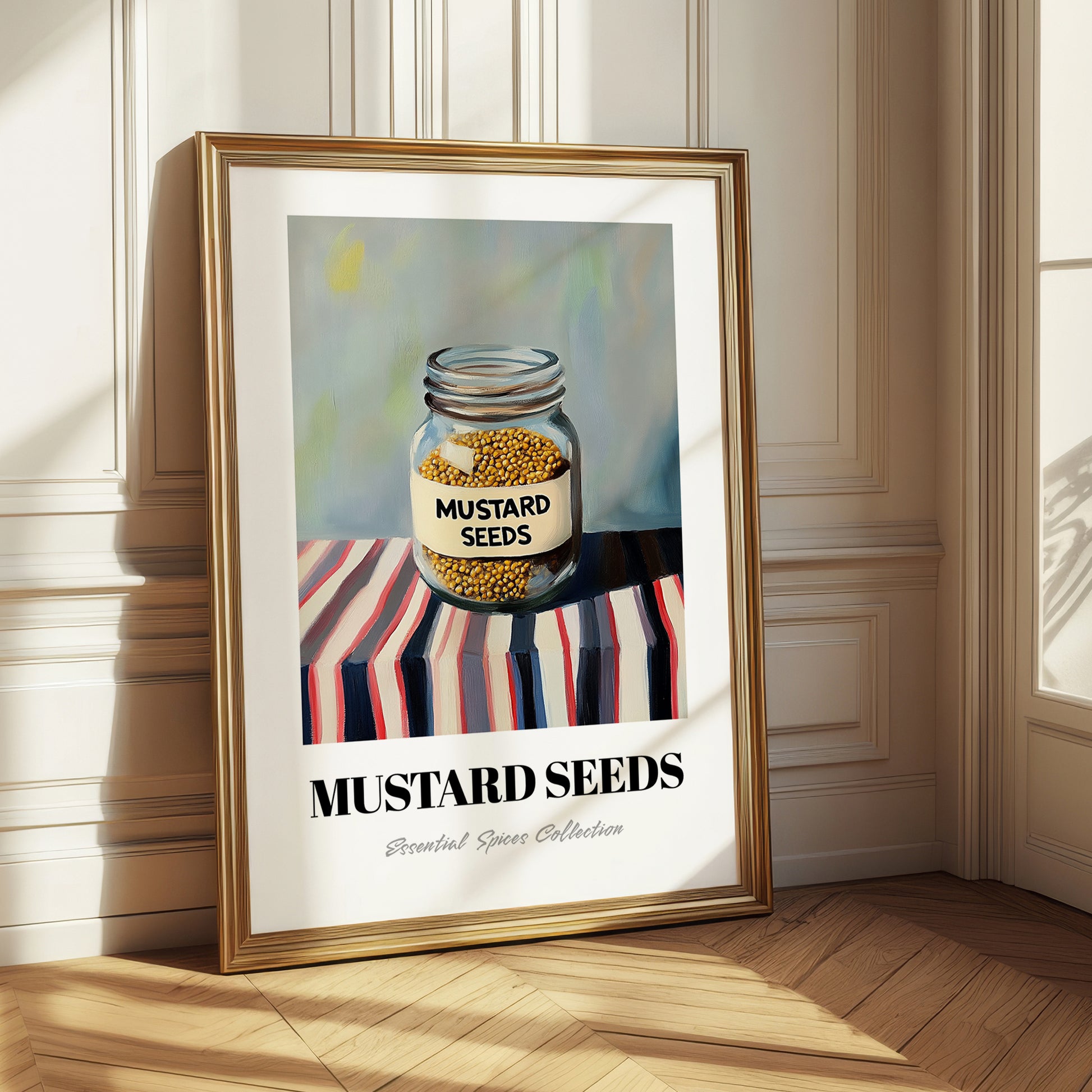 Mustard Seeds – on Striped Tablecloth, Spices Print