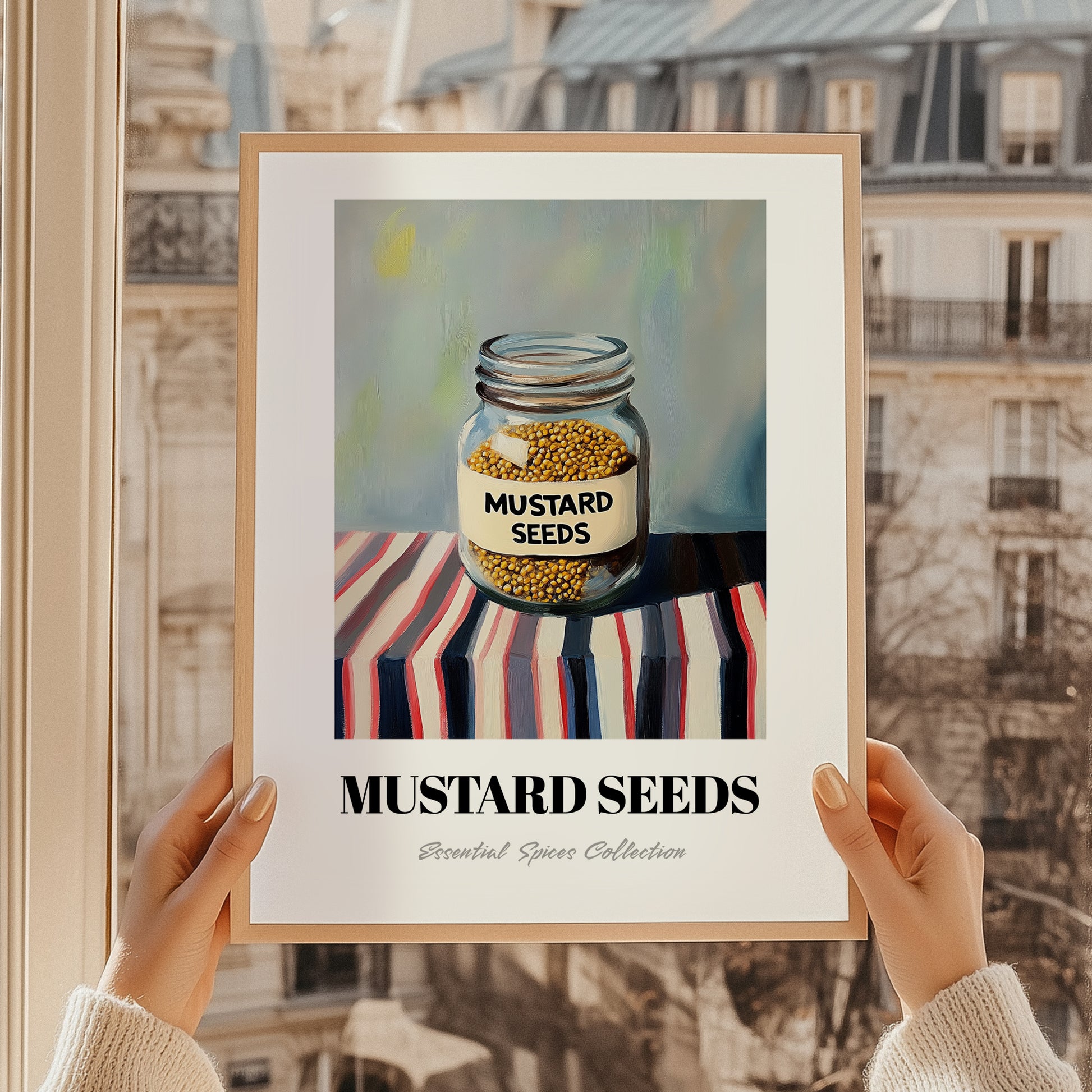Mustard Seeds – on Striped Tablecloth, Spices Print, styled in a charming Paris street view