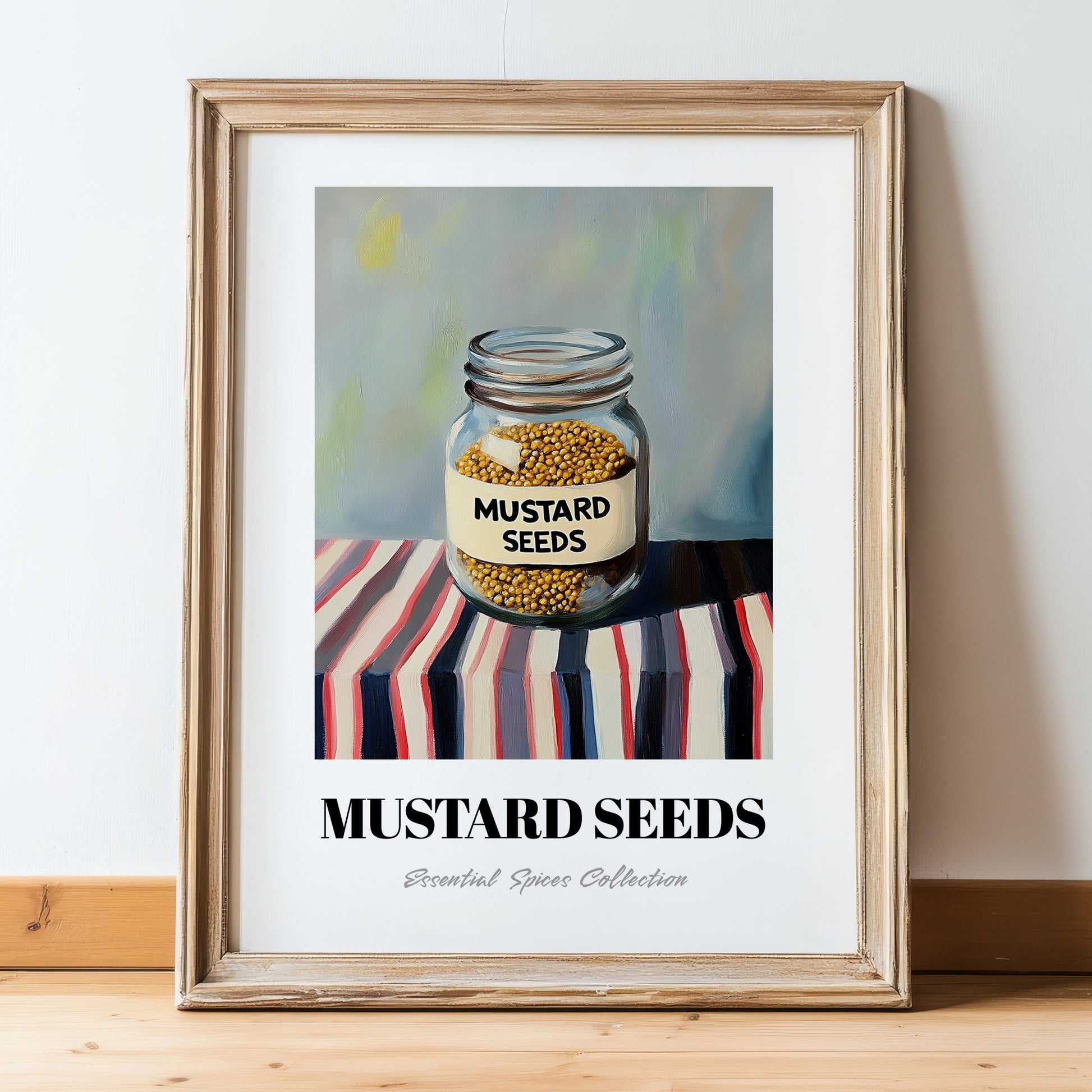 Mustard Seeds – on Striped Tablecloth, Spices Print, in wooden frame leaning on the floor