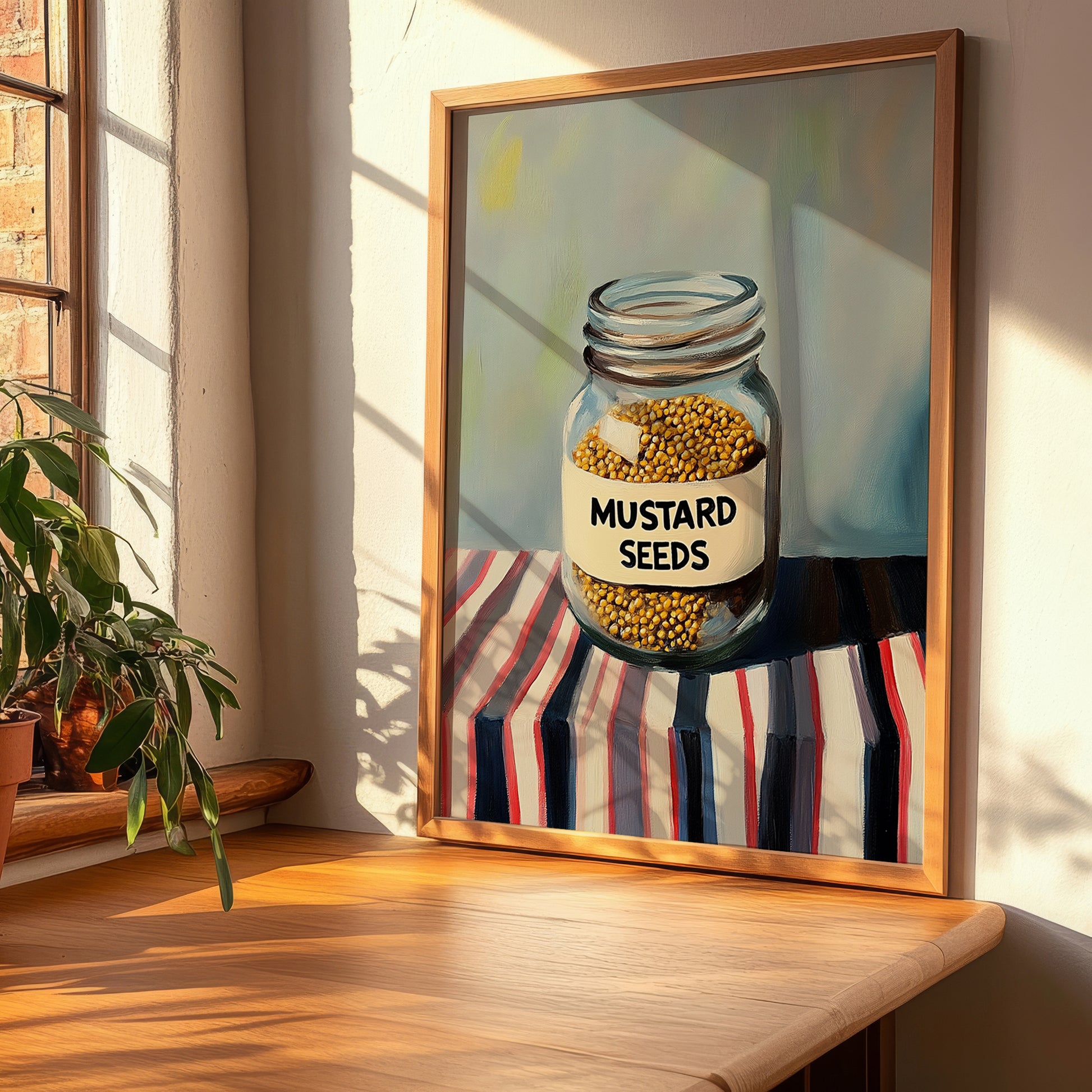 Mustard Seeds – on Striped Tablecloth, Spices Print, clean layout with no caption