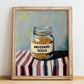 Mustard Seeds – on Striped Tablecloth, Spices Print, no-text version framed in wood