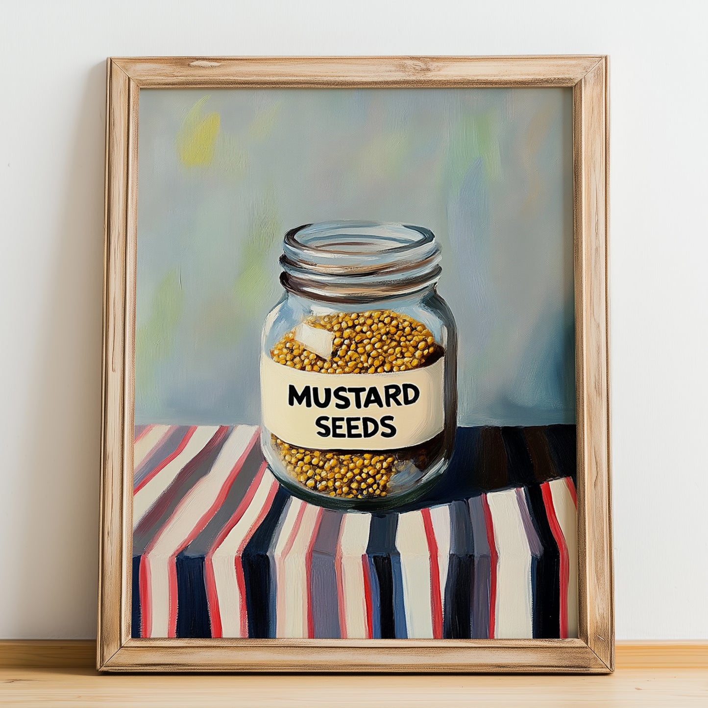 Mustard Seeds – on Striped Tablecloth, Spices Print, no-text version framed in wood