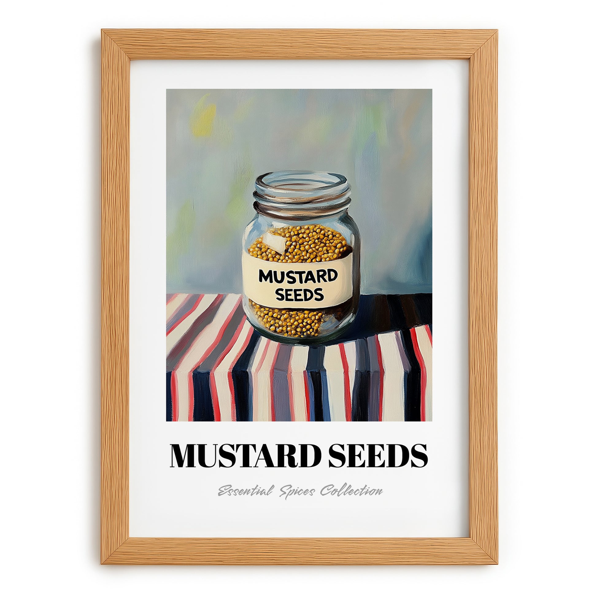 Mustard Seeds – on Striped Tablecloth, Spices Print, set in oak frame
