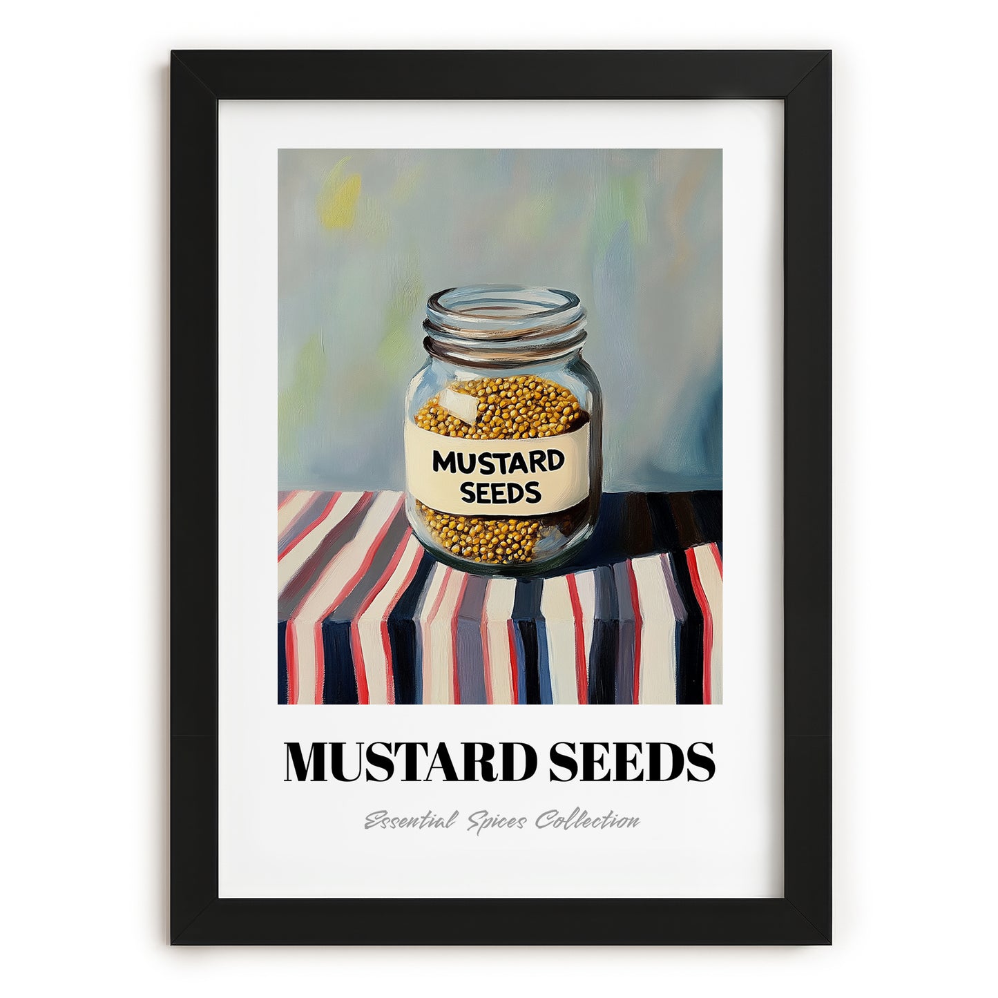 Mustard Seeds – on Striped Tablecloth, Spices Print, in sleek black frame