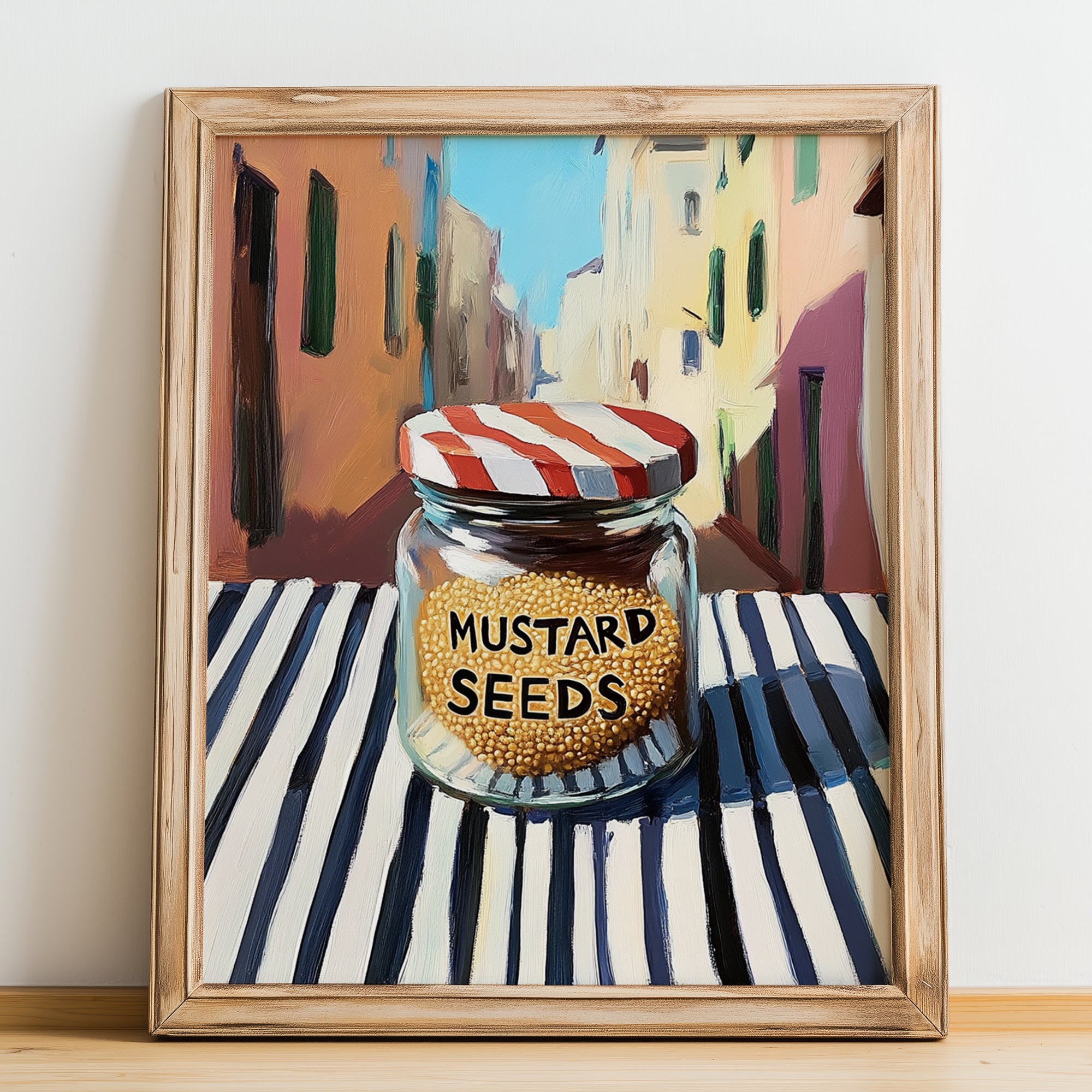 Mustard Seeds – Italian Outdoor Café Scene, Spices Wall Art, no-text version framed in wood