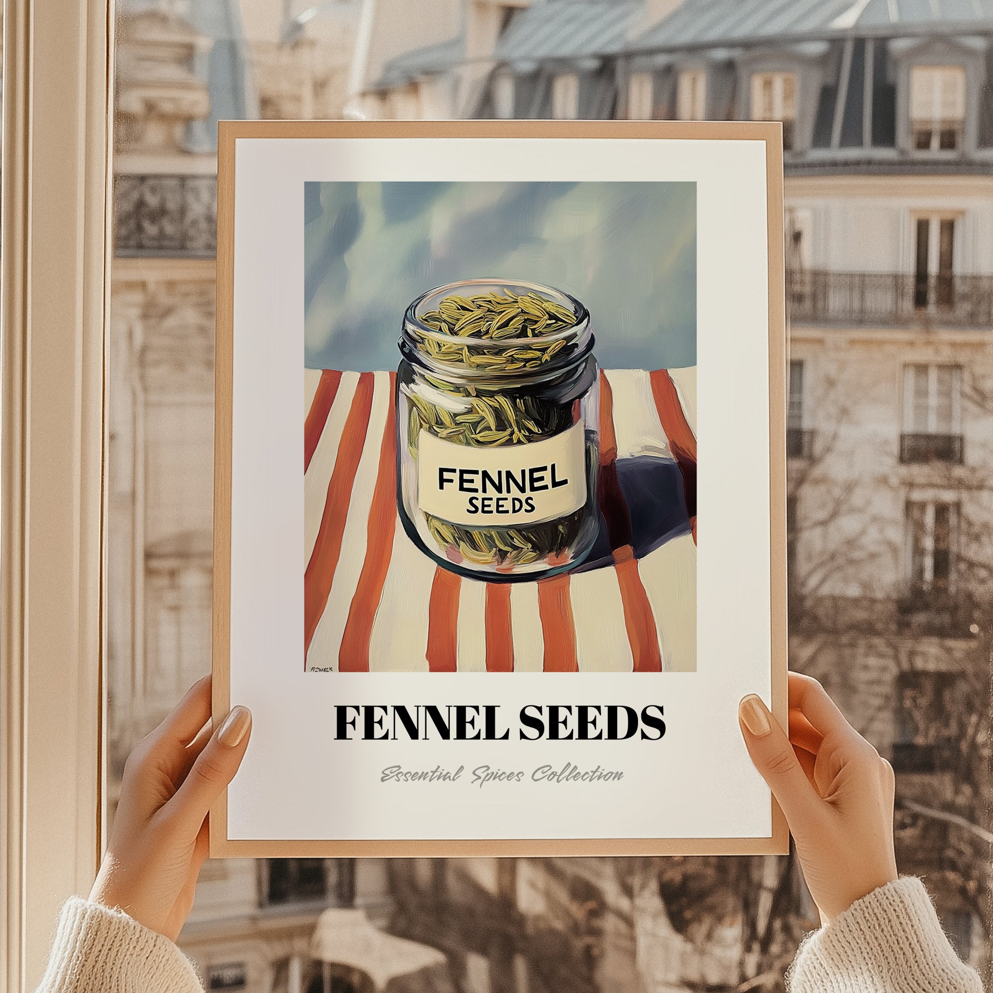 Fennel Seeds – on Striped Tablecloth, Spices Art, styled in a charming Paris street view