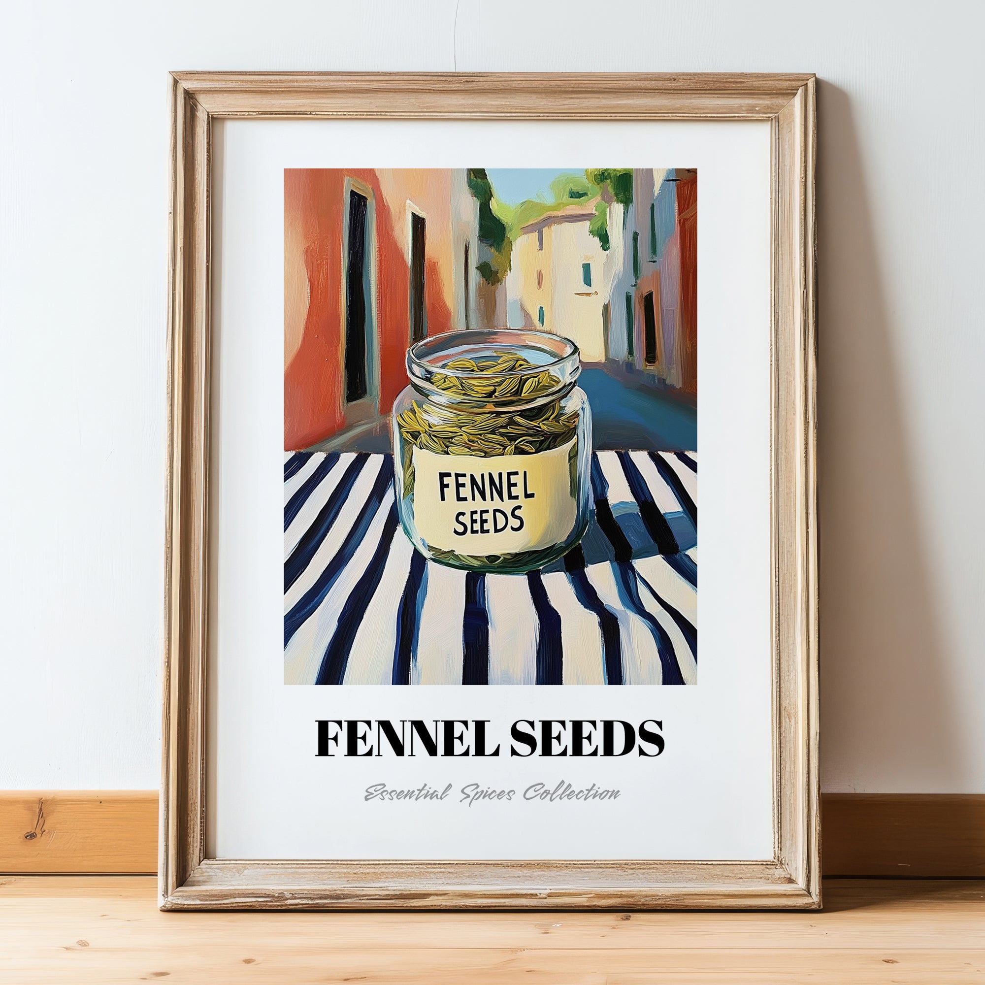Fennel Seeds – Italian Street Café Scene, Spices Still Life, in wooden frame leaning on the floor