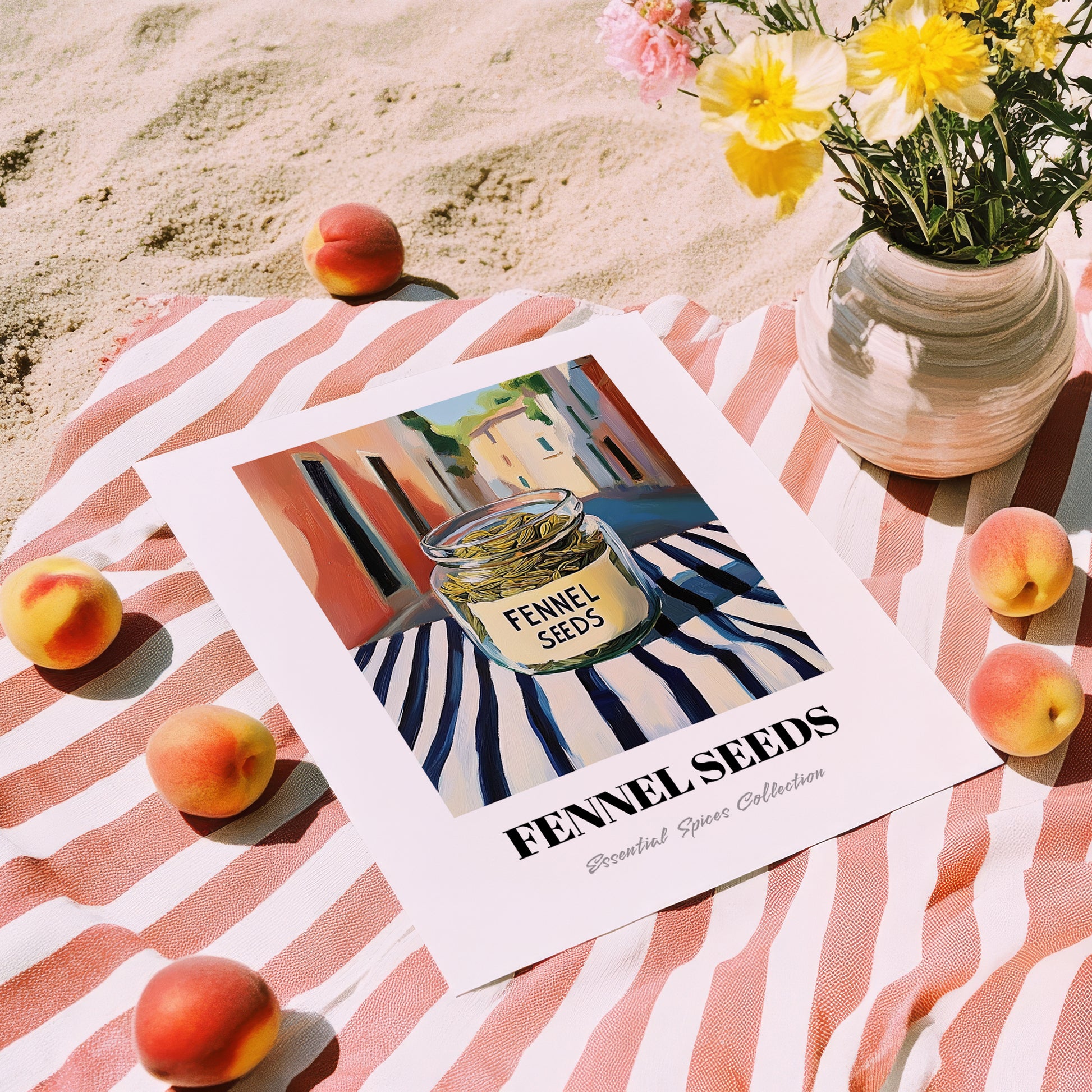 Fennel Seeds – Italian Street Café Scene, Spices Still Life, unframed on coastal sand