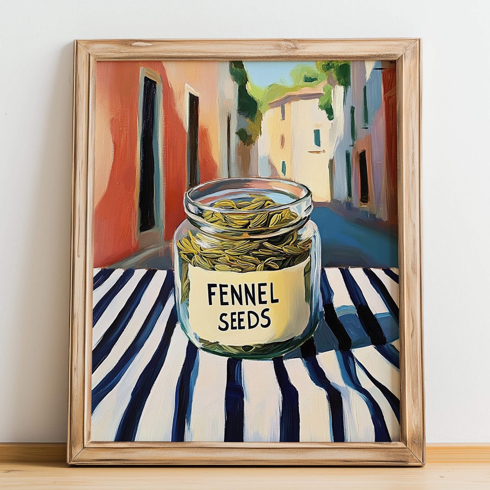 Fennel Seeds – Italian Street Café Scene, Spices Still Life, no-text version framed in wood
