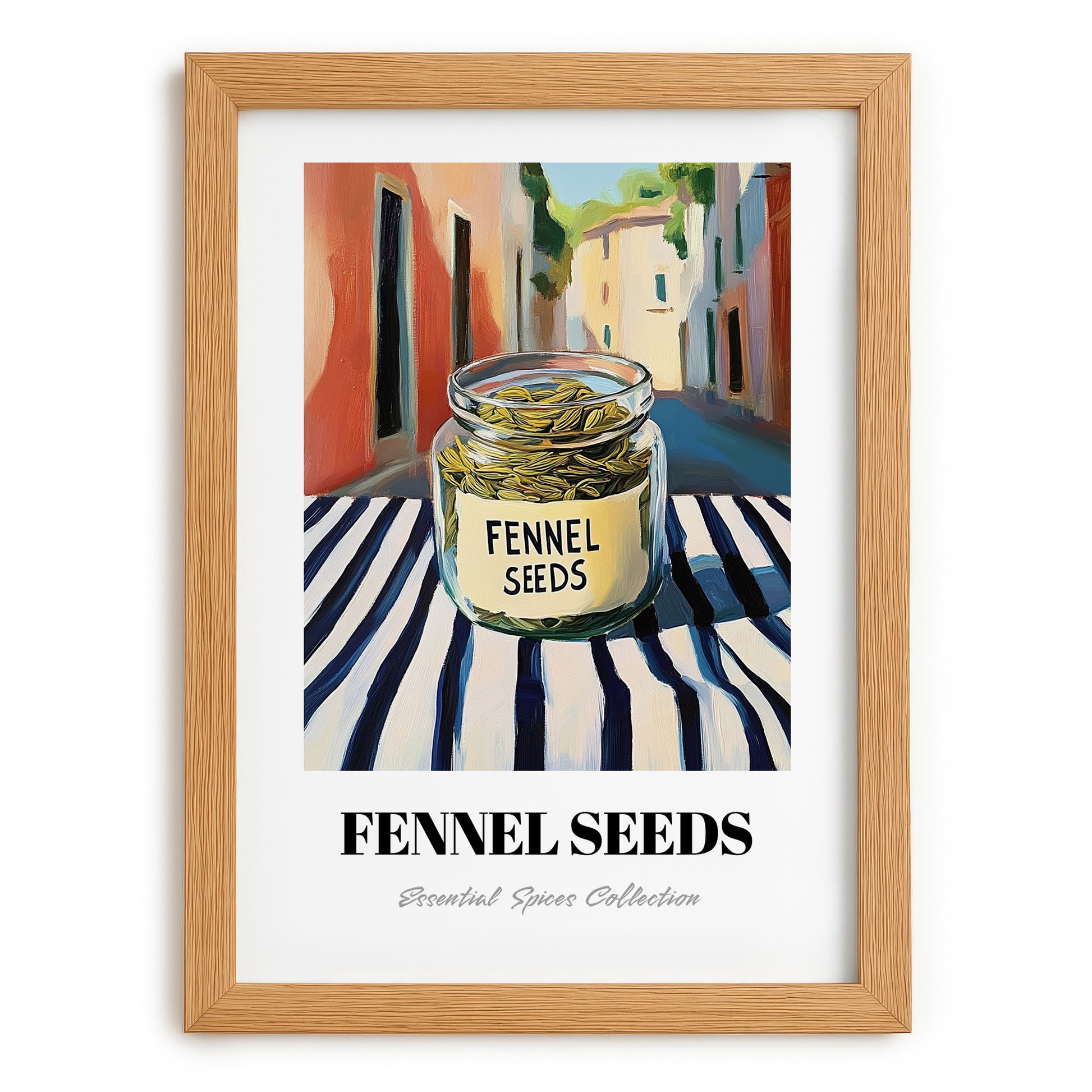 Fennel Seeds – Italian Street Café Scene, Spices Still Life, set in oak frame